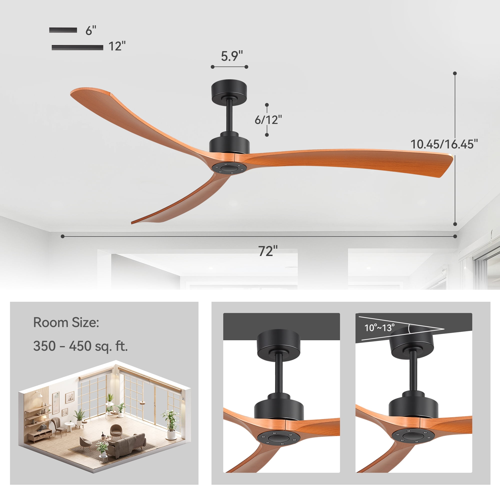 ALKAFY 72 in Ceiling Fan with Remote, Reversible DC Motor, Indoor Outdoor Farmhouse Flush Mount Fan (Walnut, 72 in) 65gby