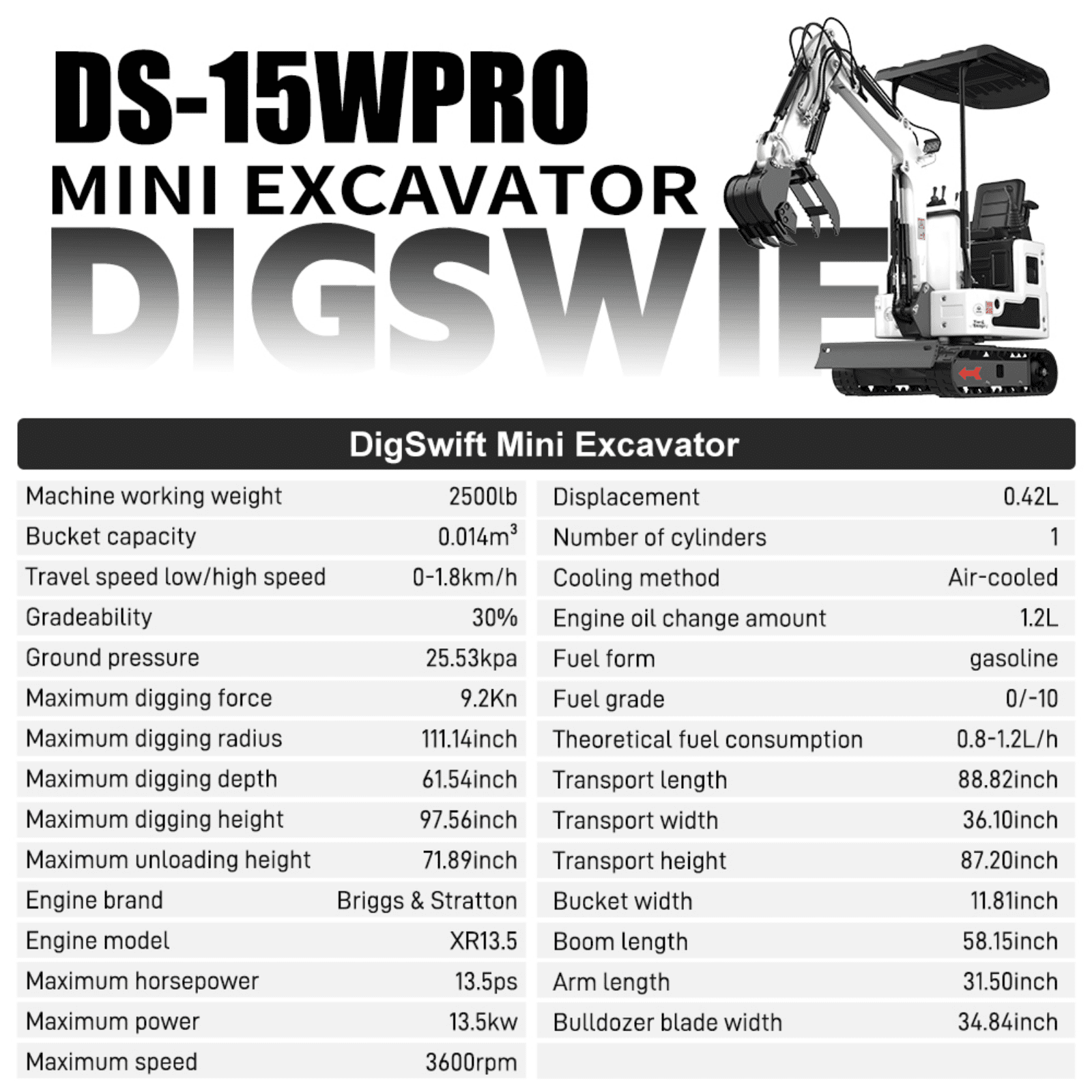 MachPro 1.2 Ton Mini Excavator with B&S Gasoline Engine and Toothless Bucket (88.82 x 36.1 x 87.2 in) 0morh