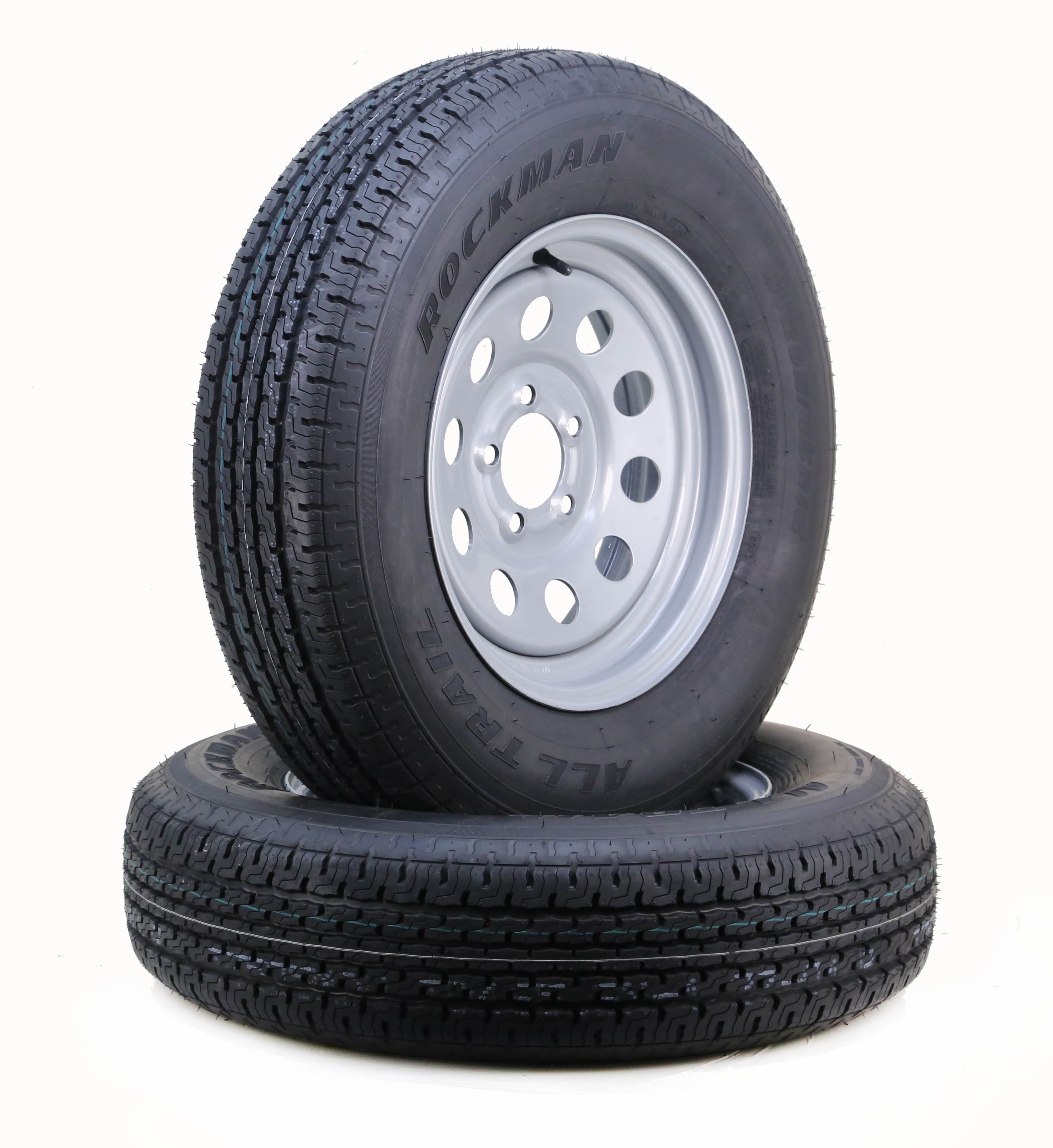 ROCKMAN Trailer Tire and Wheel Assembly (ST205/75R15, 8-Ply, 5 Lug on 5 in PCD, Silver, Set of 2) 7xiw3