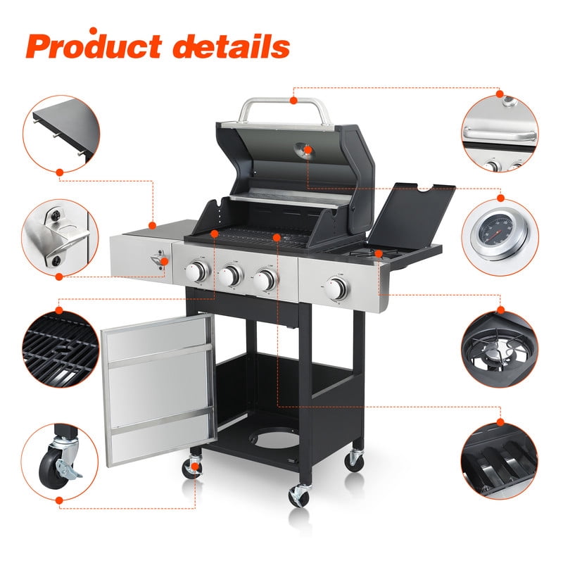 Gundir 3-Burner Propane Gas Grill with Side Burner, Stainless Steel BBQ with Cast Iron Grates (370 sq in, 37230 BTU) 9a21a