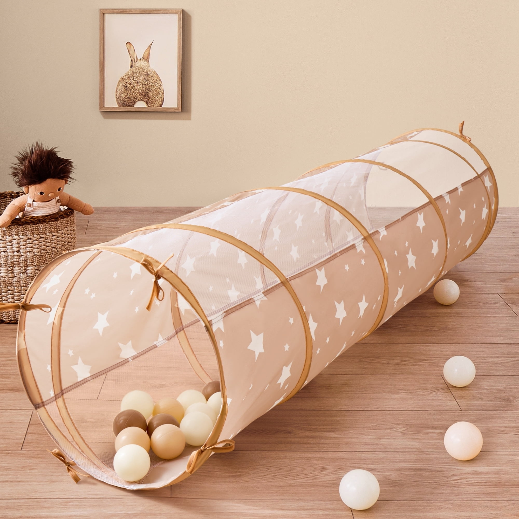 HELLOTINY Pop Up Crawl Tunnel for Toddlers, Indoor and Outdoor Active Play Toy (Brown, 71 in) 4l9xh