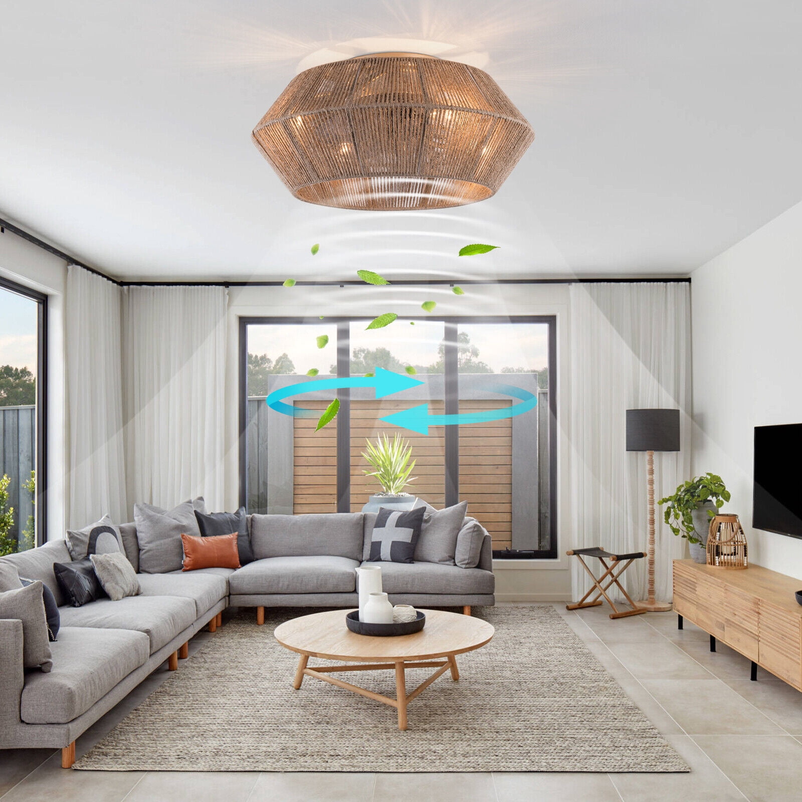 Miumaeov Boho Rattan Caged Ceiling Fan with Light and Remote Control (6 Speeds, 7.08 in Base) mrl8w