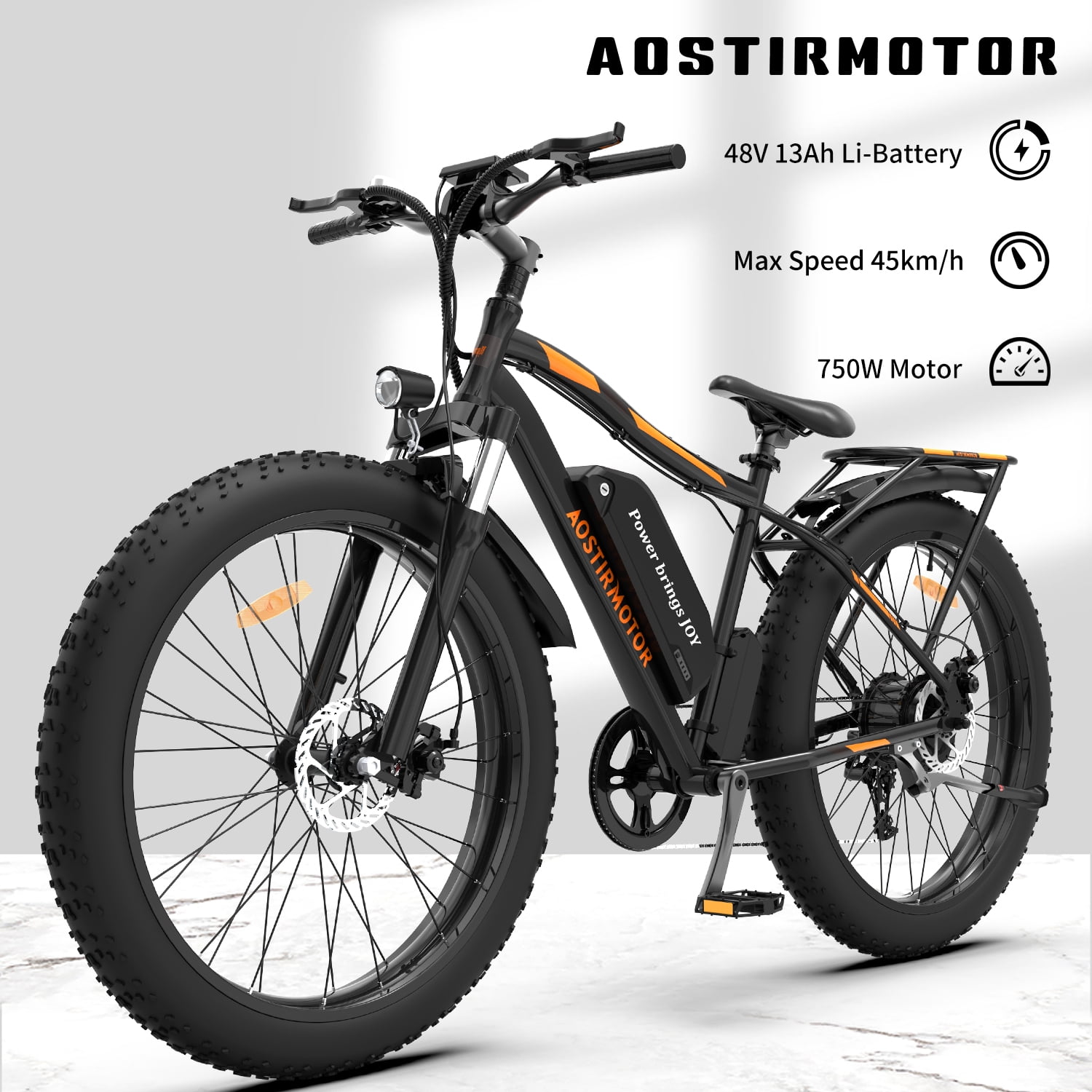 Aostirmotor Electric Mountain Bike, 750W Motor 48V 13Ah Removable Battery, 26 in Fat Tire Ebike for Adults (Black) xpx44