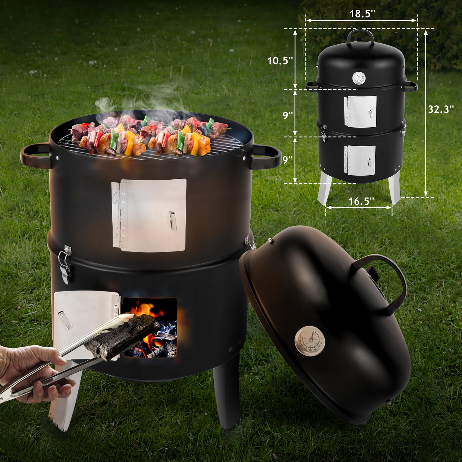 Segmart Vertical Charcoal Smoker and Grill, Heavy-Duty Outdoor BBQ with Built-in Thermometer (Black, 18.5 in) y5e5p