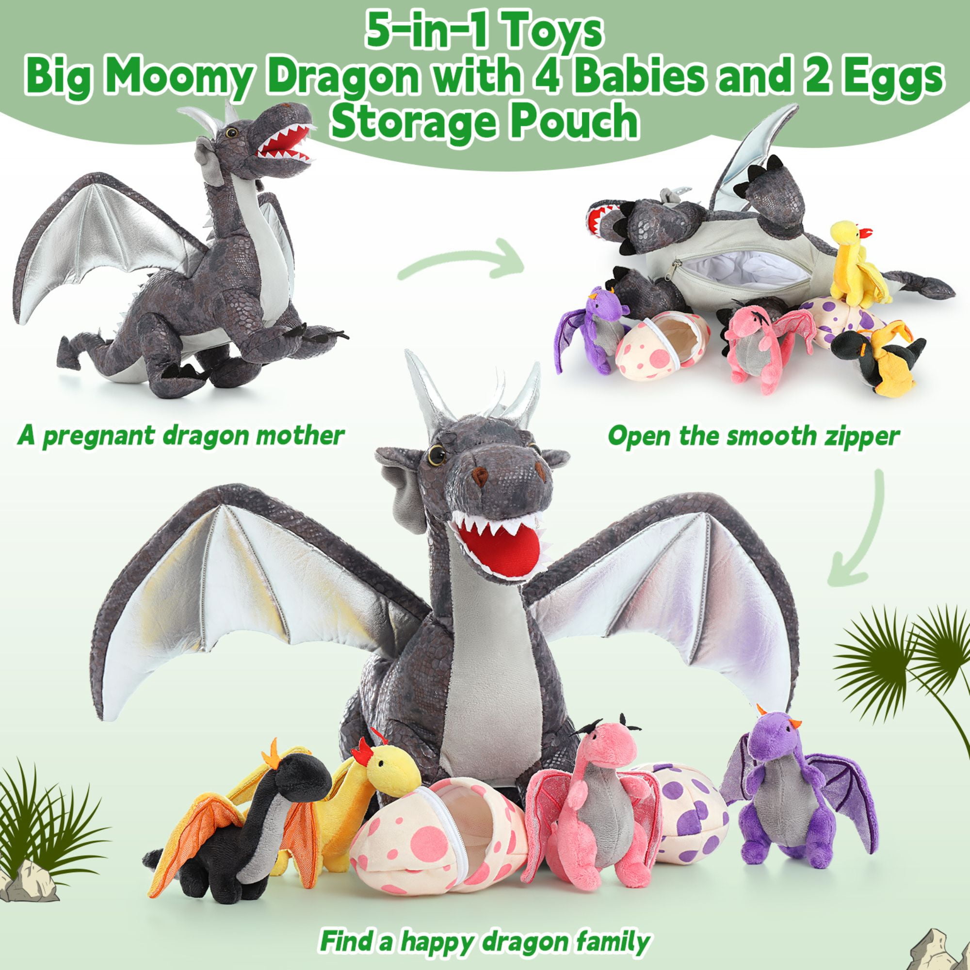 MaoGoLan Dragon Plush Set, Large Stuffed Mommy Dragon with 4 Babies and 2 Eggs (Grey, 21.6 in) fqjxr