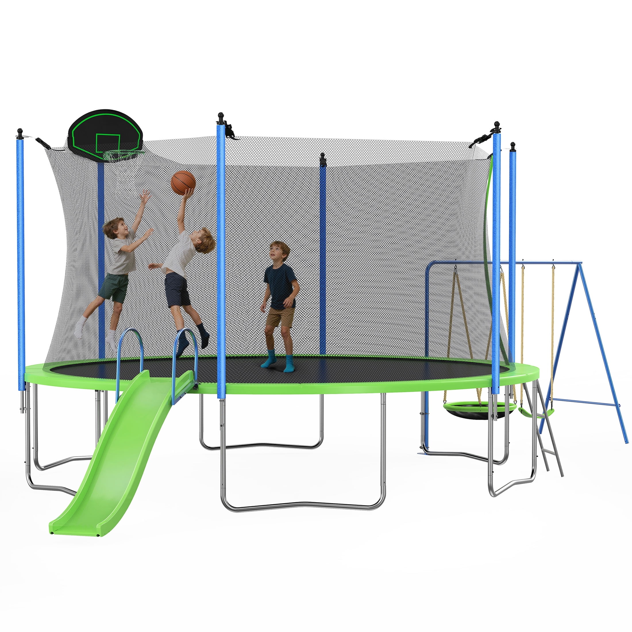 Segmart 12 ft Recreational Trampoline with Slide, Swing, Basketball Hoop, and Safety Net (Green, 12 ft) 7yjpy