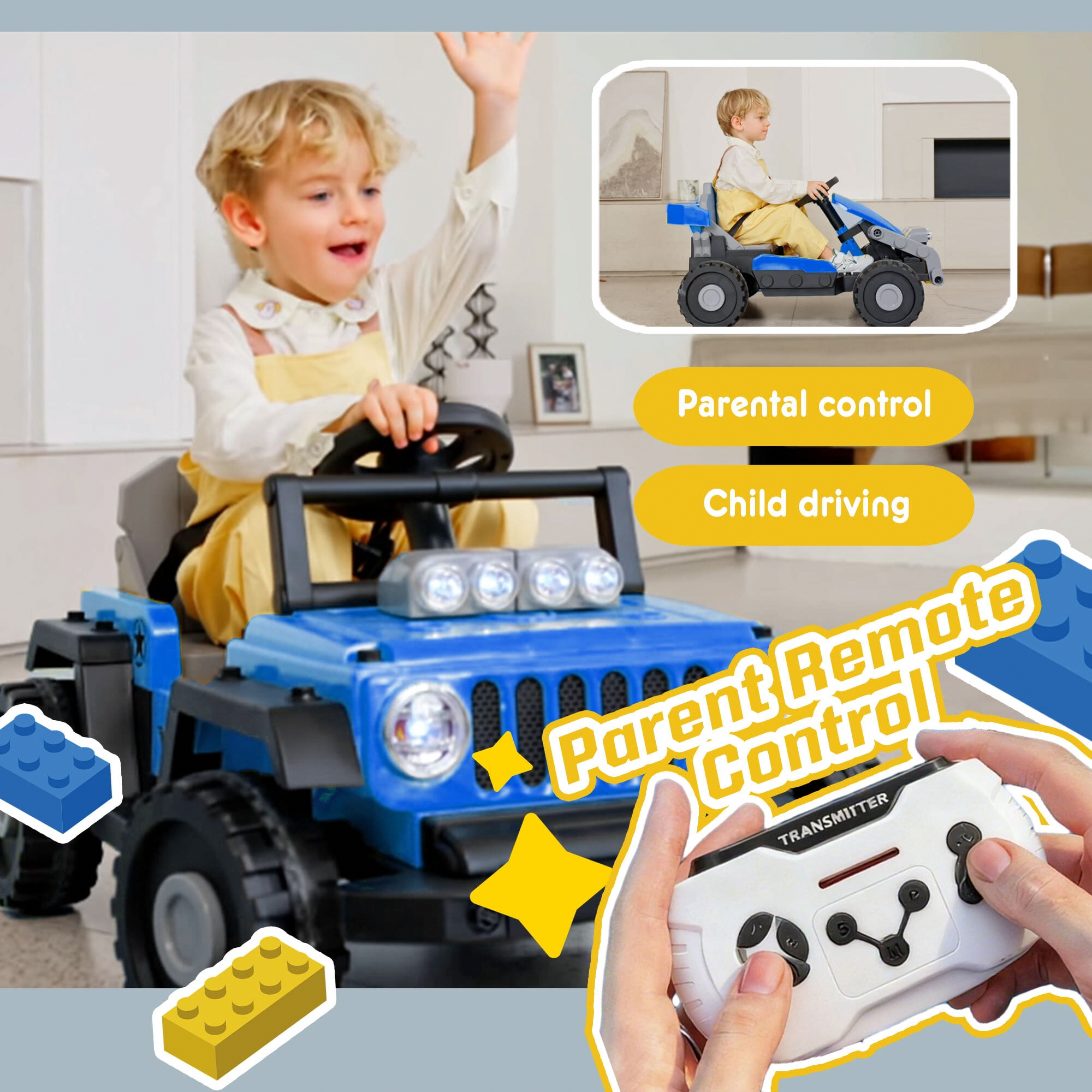 iYofe 2-in-1 Electric Ride On Building Block Car, Convertible Go-Kart with Remote Control (Blue, 12V) tlf9c