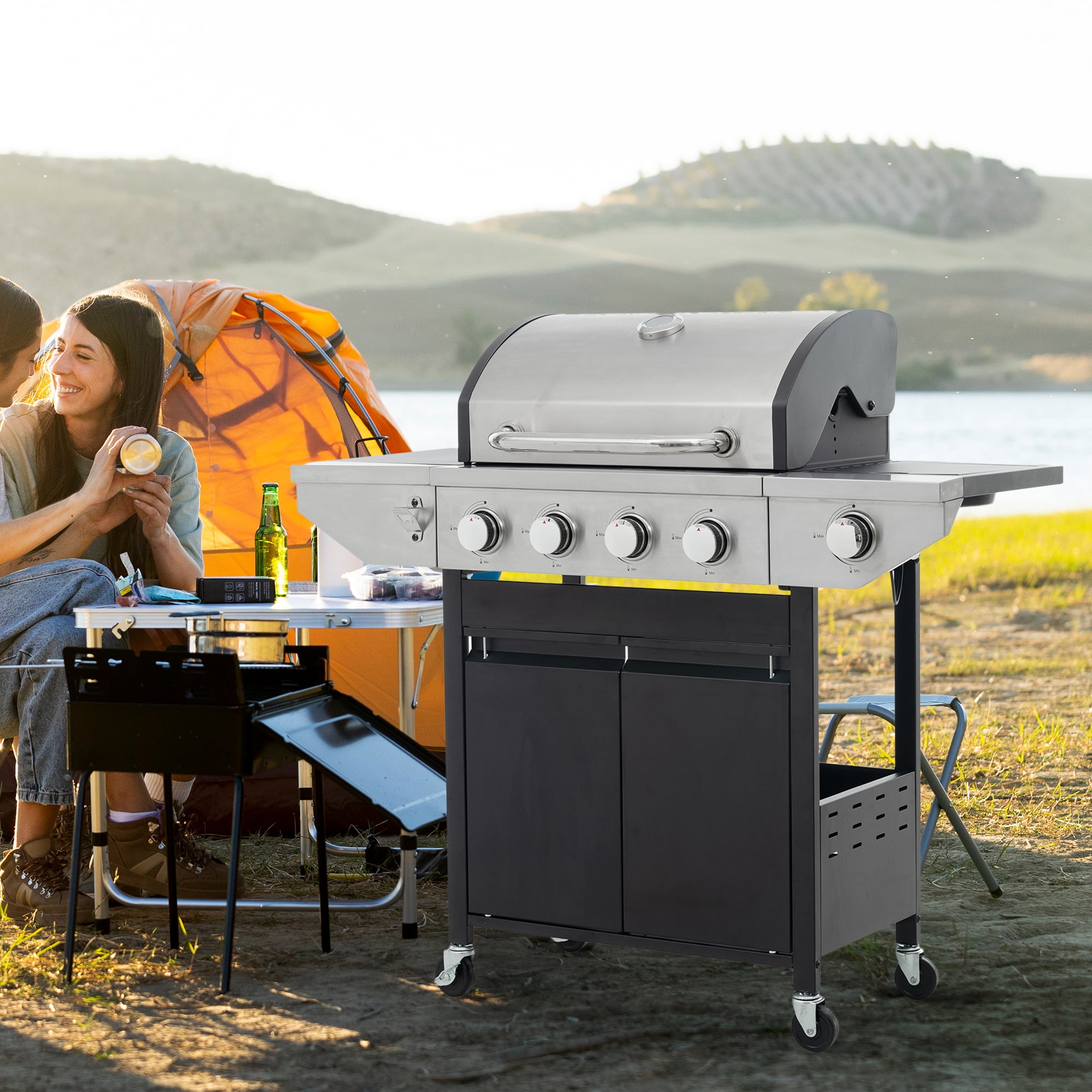 Yardmaster 4-Burner Propane Gas Grill with Side Burner, Stainless Steel Outdoor Barbecue Grill (Black and Silver, 47.2 in x 17.9 in x 45.2 in) 8kwzr