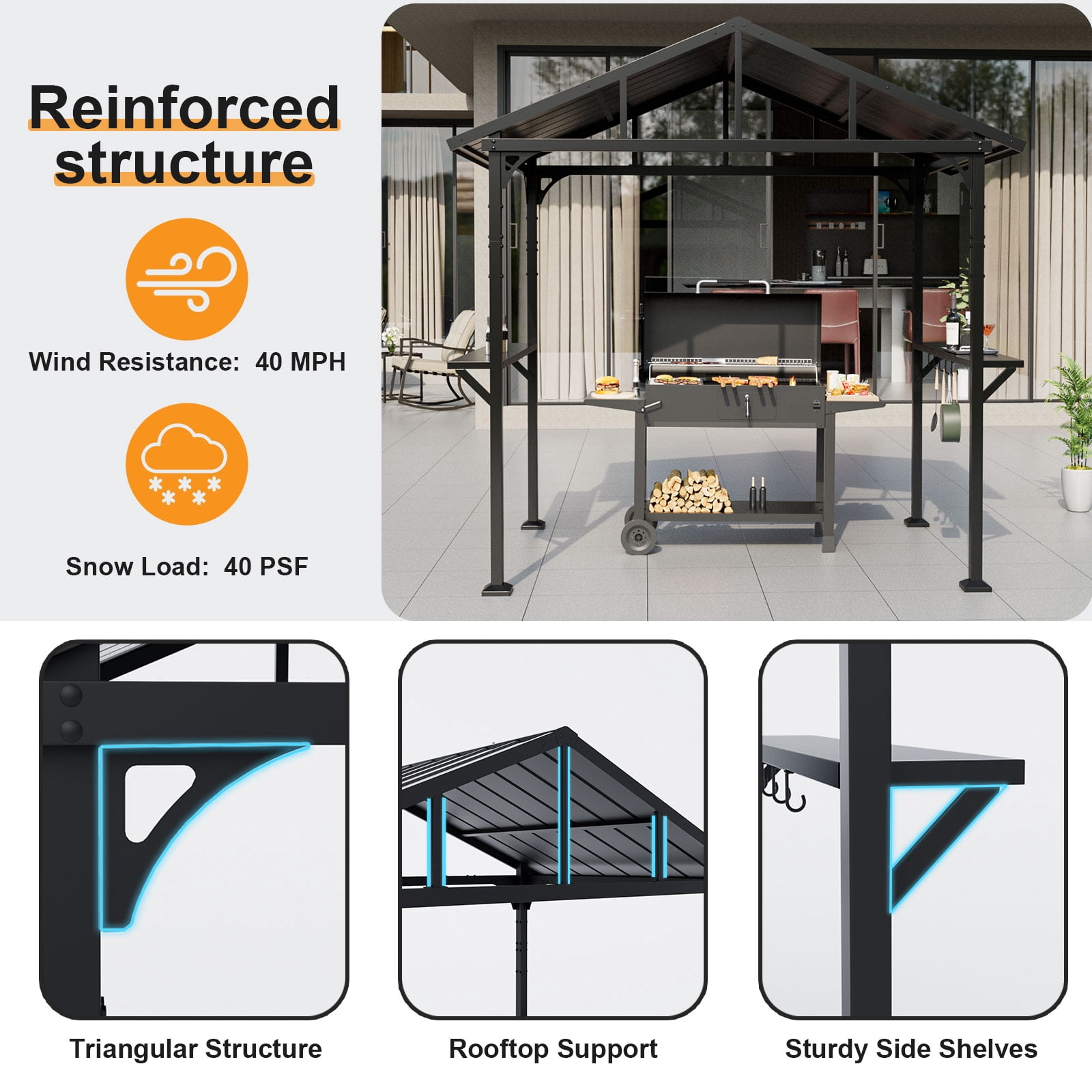 ALAULM 8 ft x 5 ft Hardtop Grill Gazebo, Outdoor BBQ Canopy with 19 in Smokeless Fire Pit, Metal Roof, Side Shelves & Tool Hooks (Black) xou82