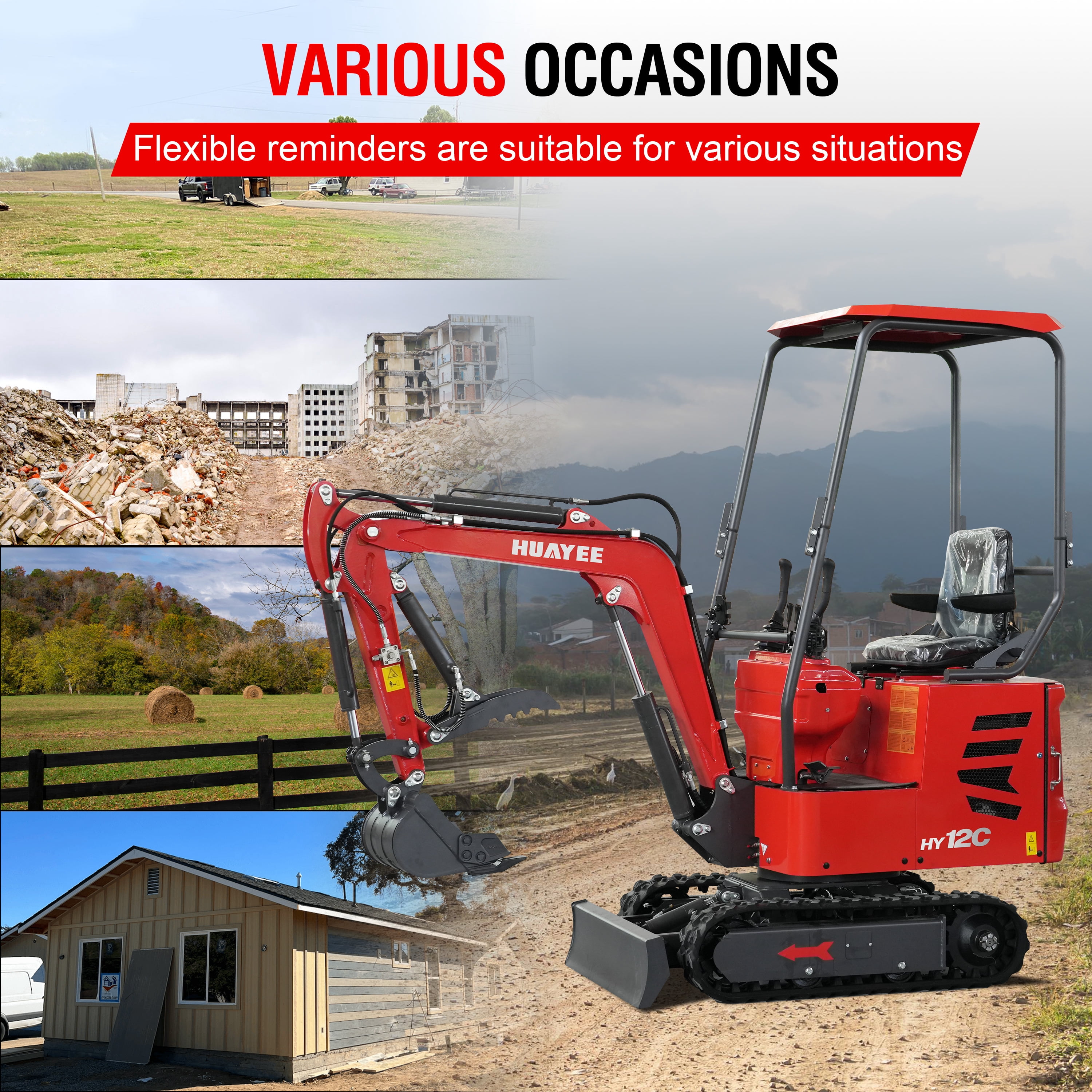 HUAYEE HY12C Mini Excavator with Hydraulic Thumb and 13.5 HP EPA Gasoline Engine (1.2 Ton, 31.5 in Bucket) utyy3