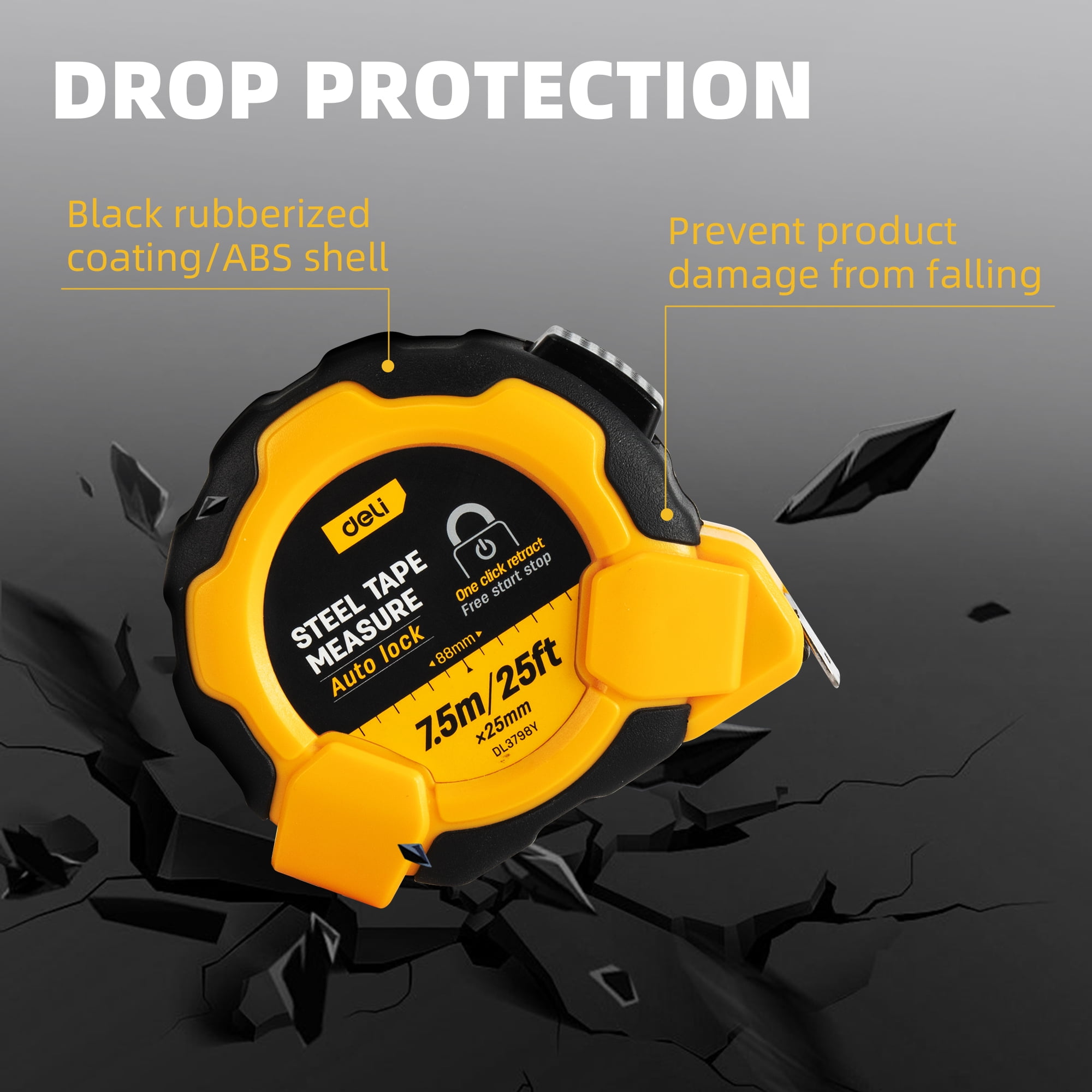Deli Auto-Lock Steel Tape Measure, Heavy-Duty Retractable Measuring Tool with Rubberized Grip (Yellow, 25 ft) yani5