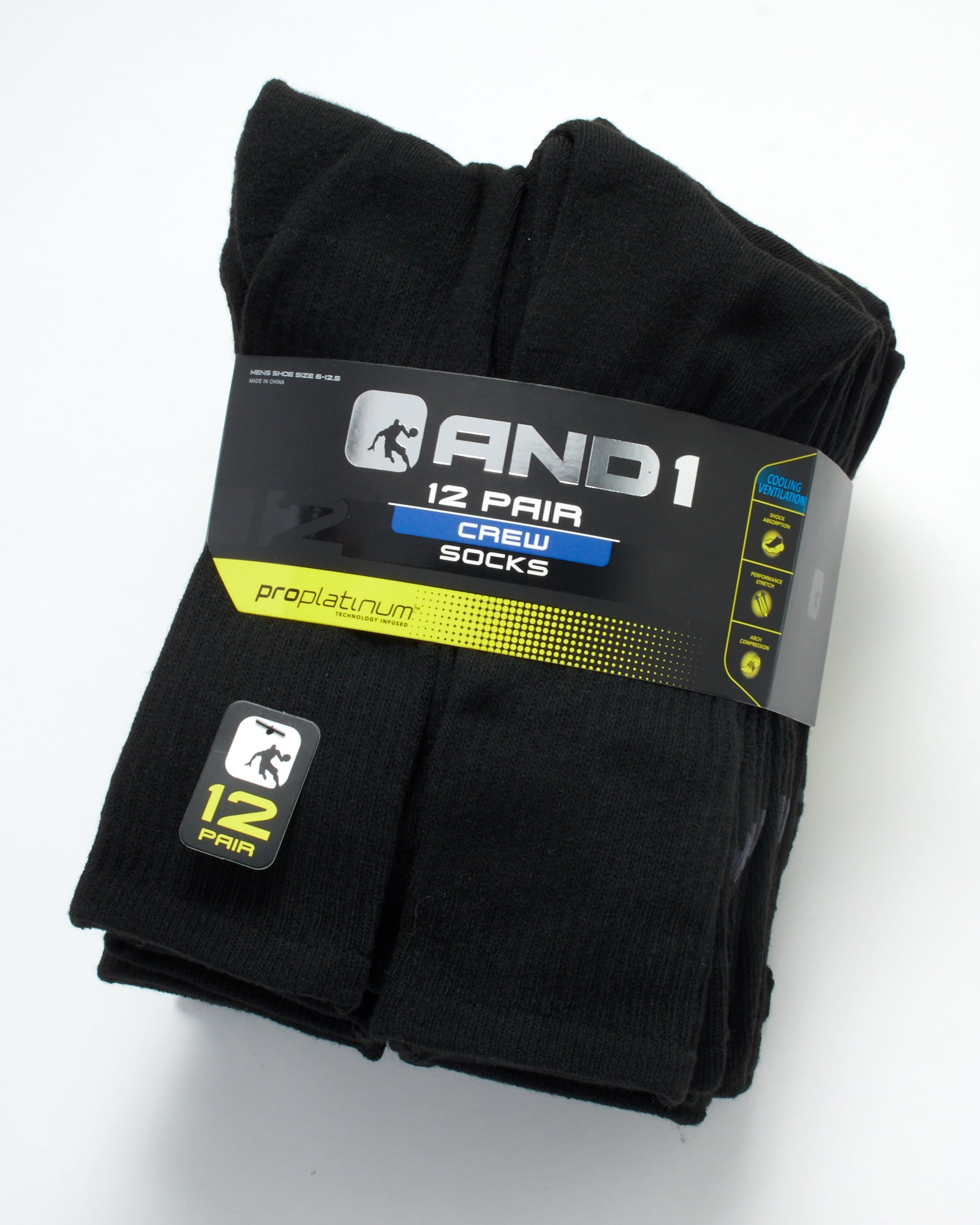 AND1 Men's Cushion Crew Socks, Moisture-Wicking Athletic Performance (Black, 12 Pack) 7etwr