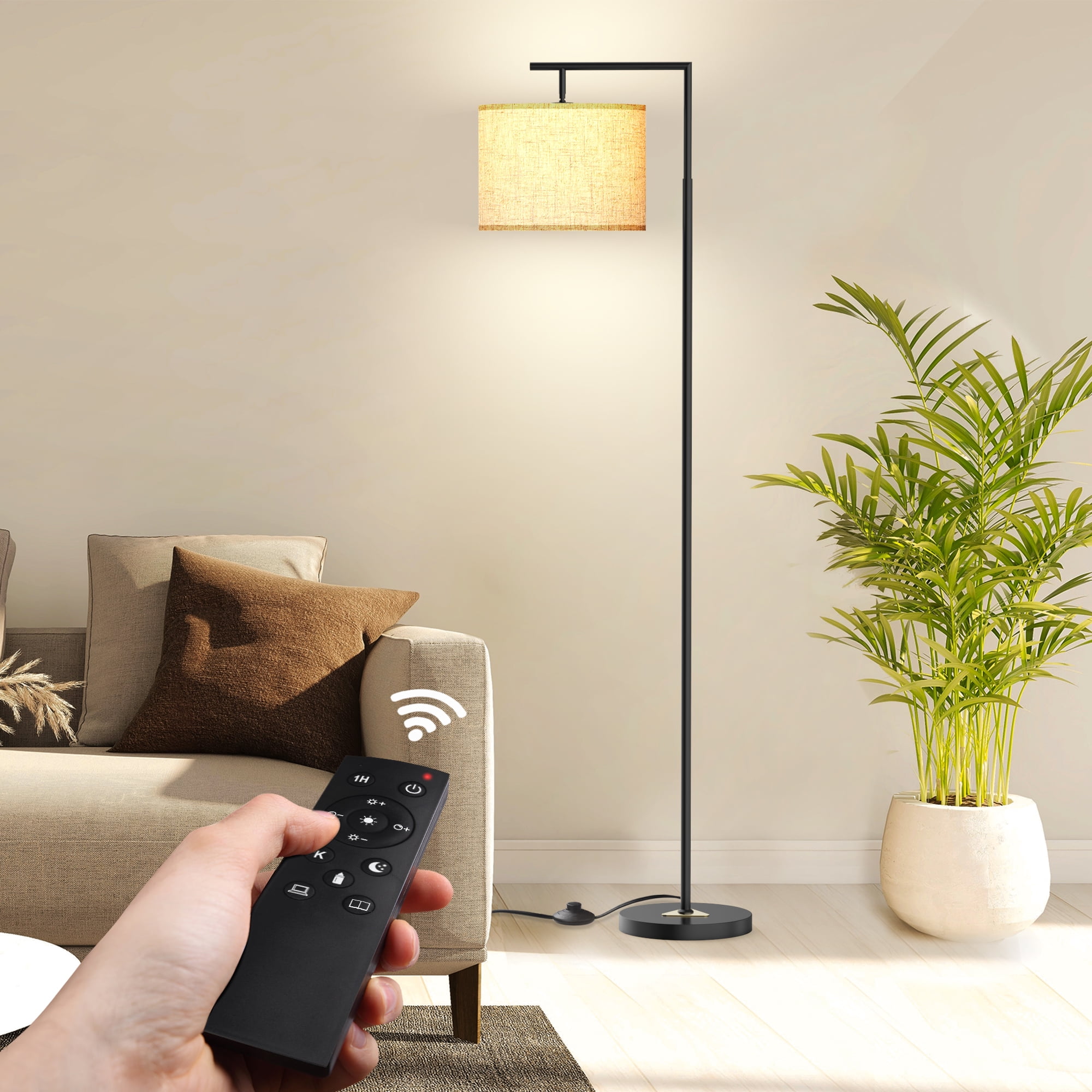 Jurulu Modern Arc Floor Lamp with Remote Control, Adjustable Linen Shade, Dimmable LED Standing Light (White, 61 in) cs74o