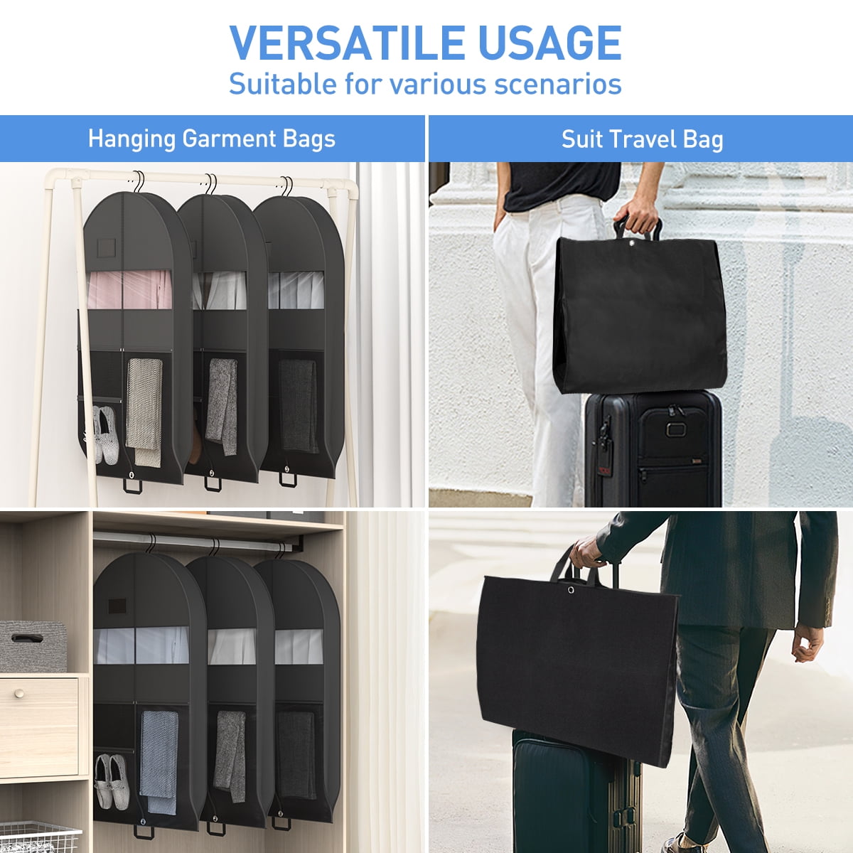 DAKOMM Garment Bag for Travel, Hanging Suit Cover with Pockets, Foldable Water-Resistant Storage for Suits and Dresses (Black, 51 in, 3 Pack) 7jqly