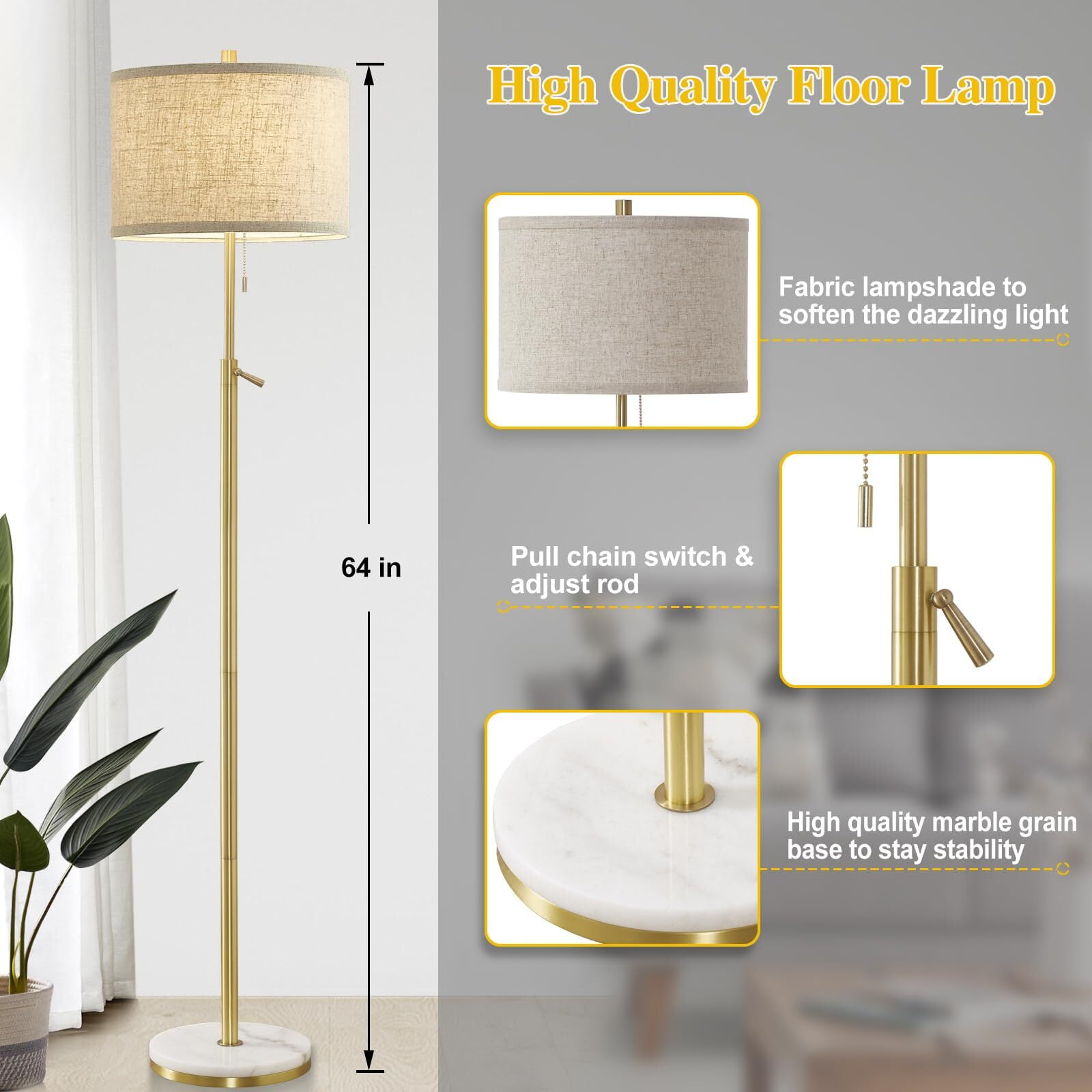 NATYSWAN Modern Floor Lamp with Marble Base, Adjustable Height Standing Lamp for Living Room and Bedroom (Gold, 55-64 in) 9fhm7