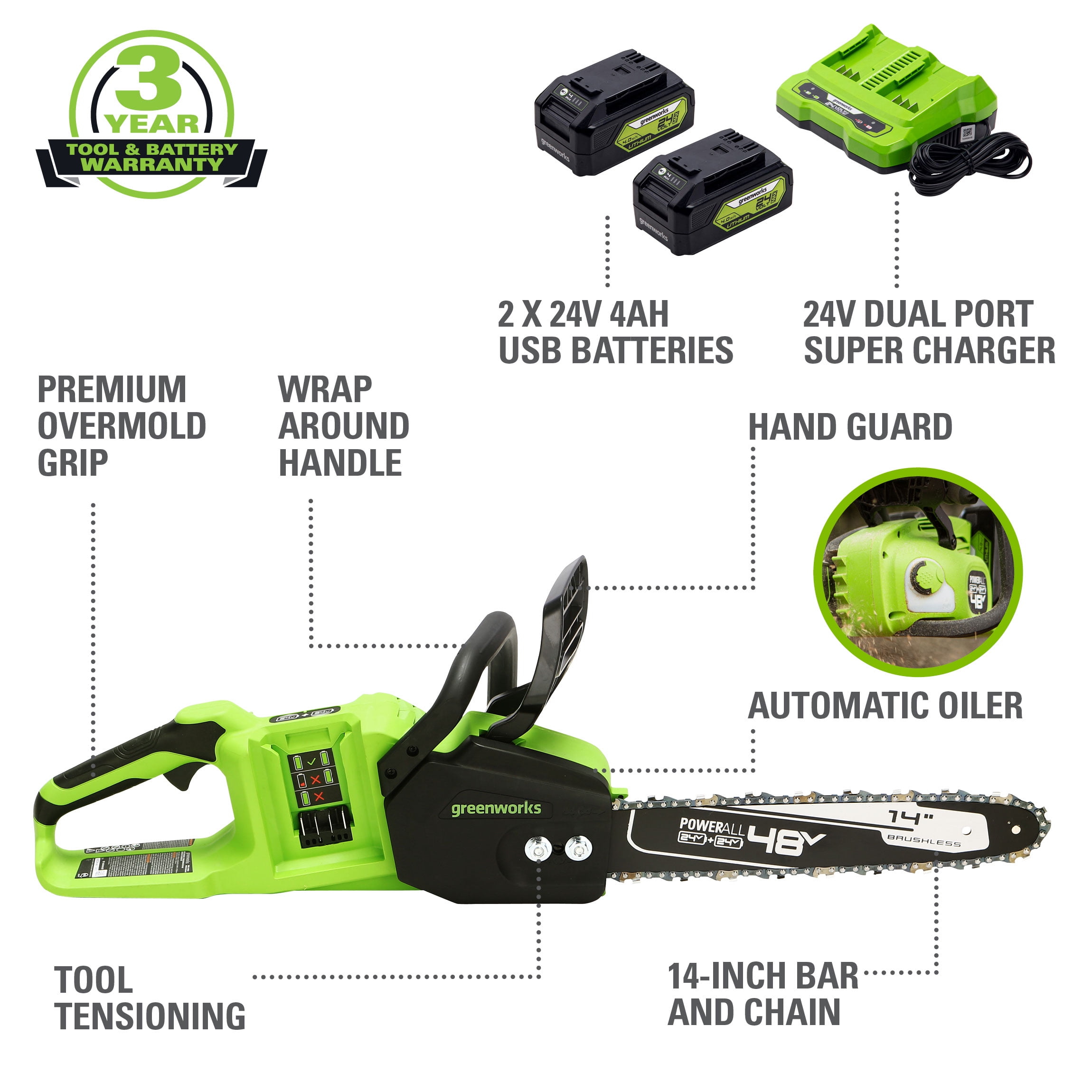 Greenworks 48V Cordless Brushless Chainsaw with (2) 4Ah Batteries and Dual Port Charger (14 in) 8ecq5