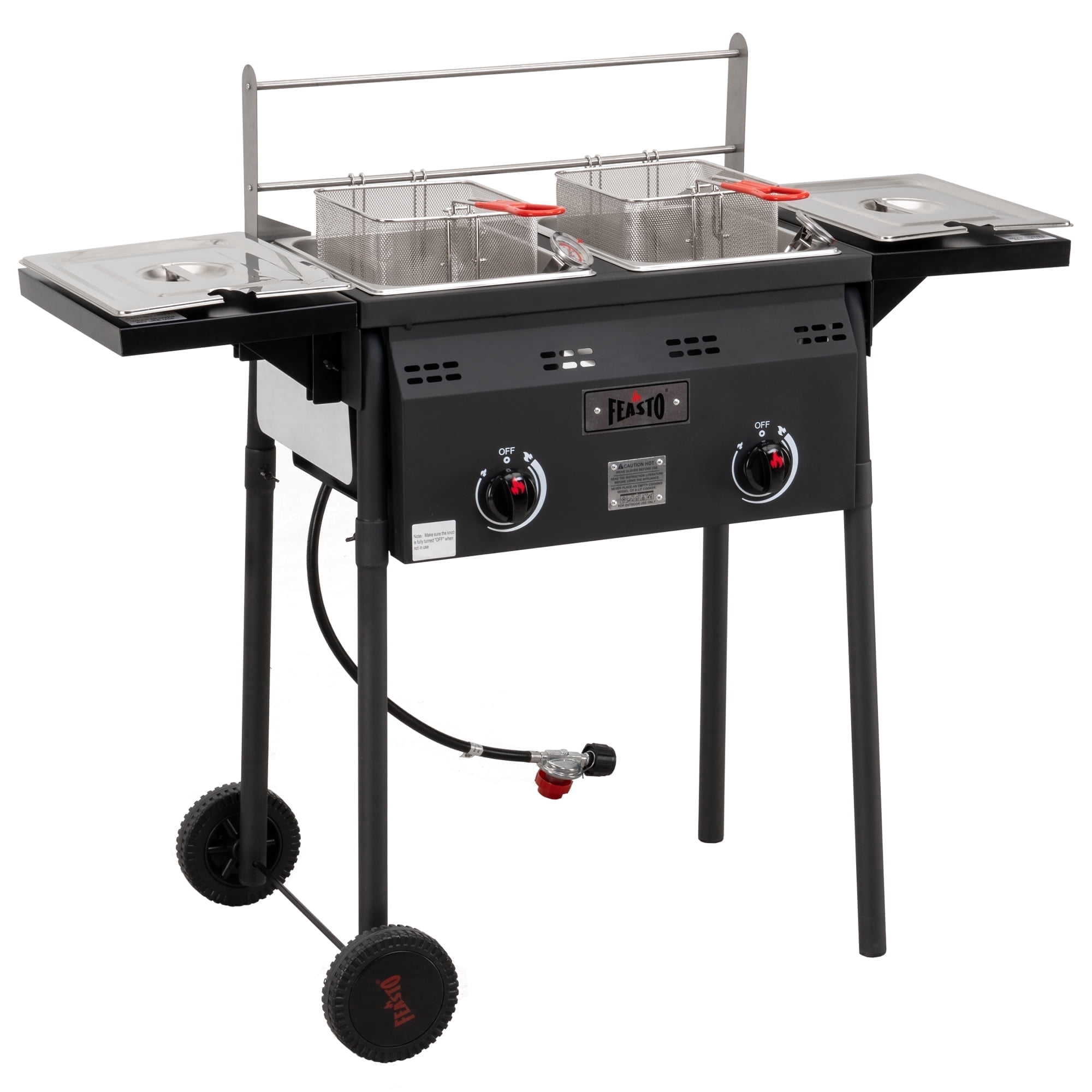 Feasto Dual Basket Propane Turkey Fryer, Outdoor Deep Fryer with Foldable Side Shelves (Black, 50,000 BTU) c0z51