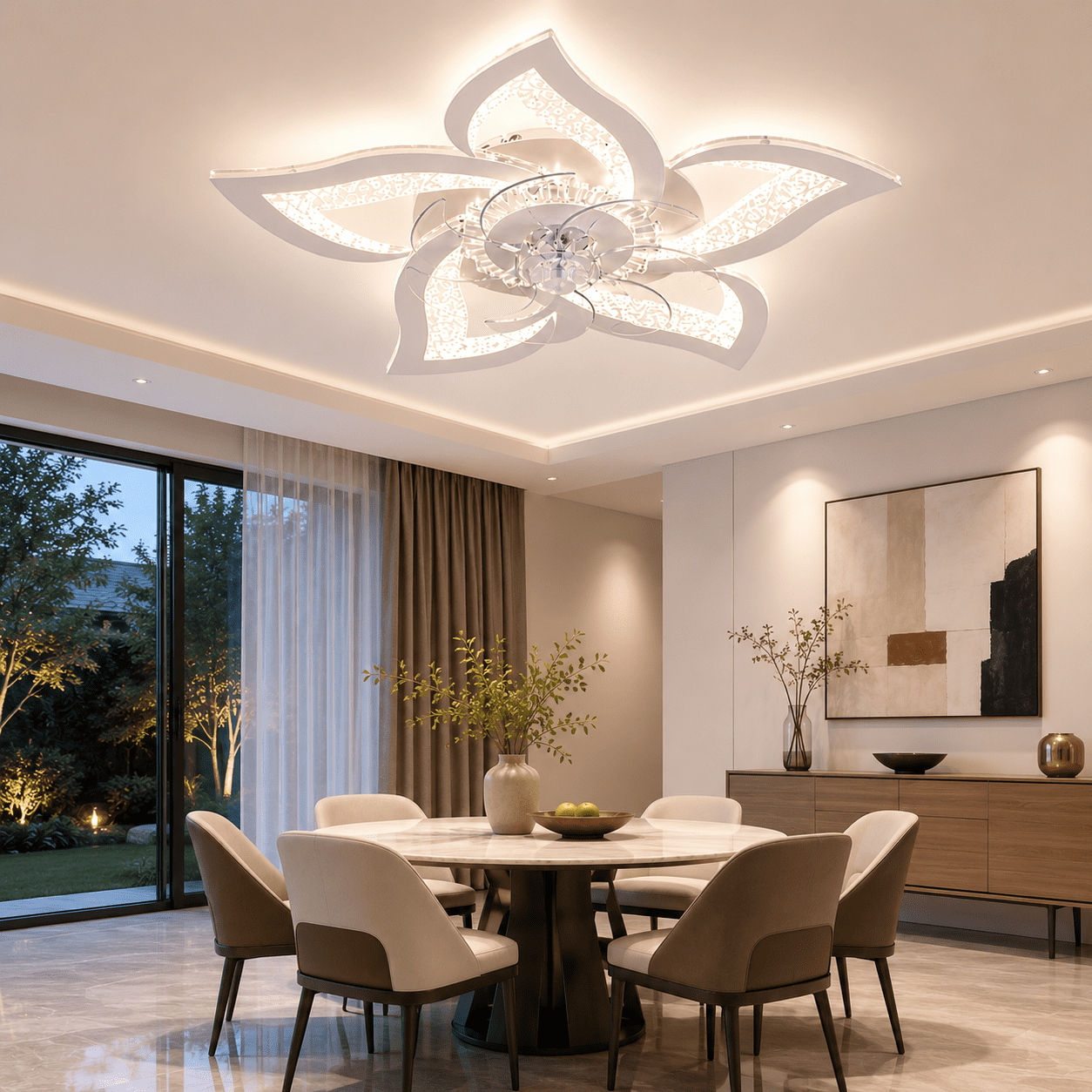 Garwarm 24.6 in Flower Ceiling Fan with Light, Low Profile Flush Mount Fandelier, Dimmable LED Light with Remote, 6-Speed Reversible Motor (White, 24.6 in) b9vrf