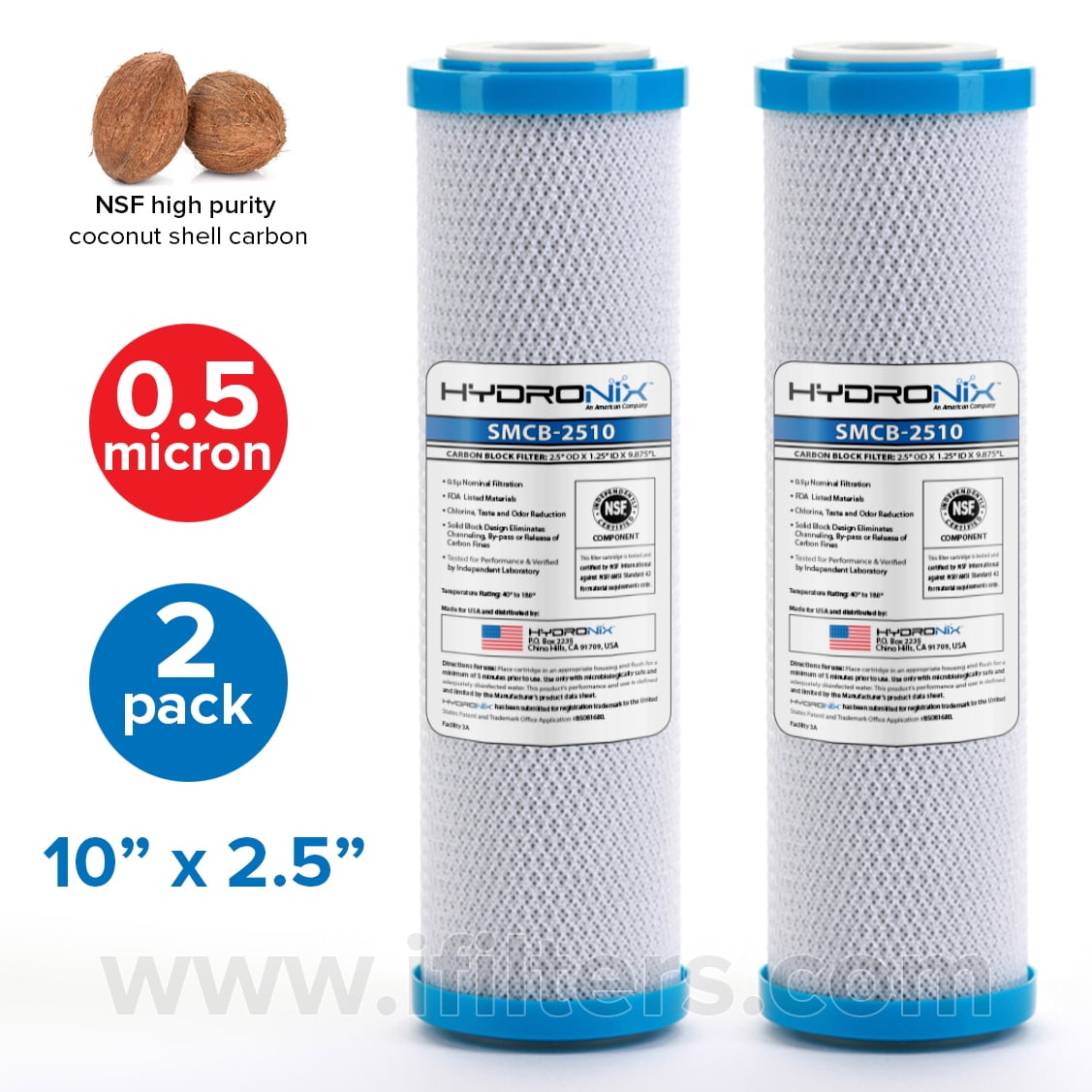 Hydronix Carbon Block Drinking Water Replacement Filter Cartridge (2 Pack, 2.5 in x 9.875 in) kv8xo