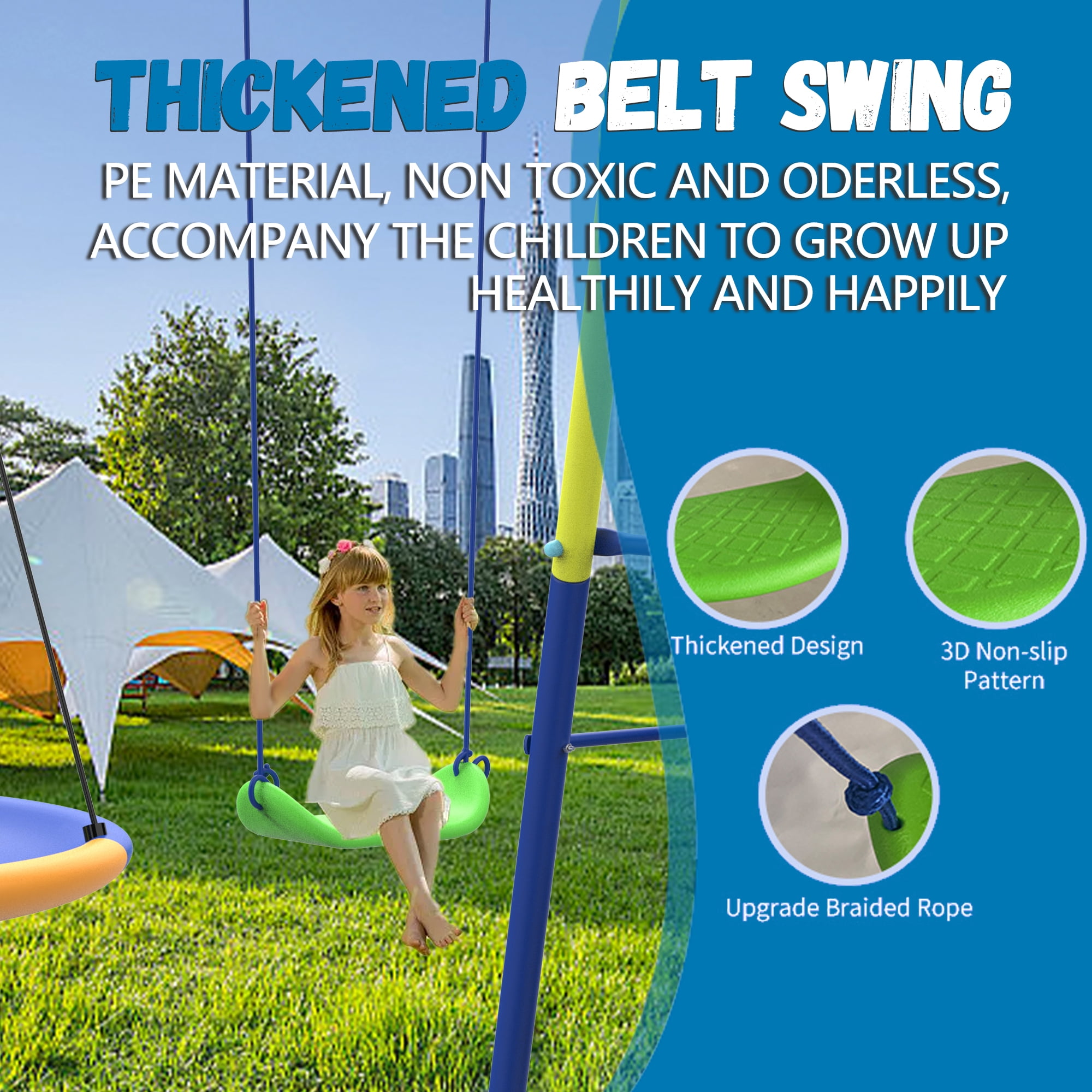Shengchao Trade Metal Kids Swing Set with Heavy-Duty Outdoor A-Frame (Blue, 136 in x 67.7 in x 75 in) in0sb