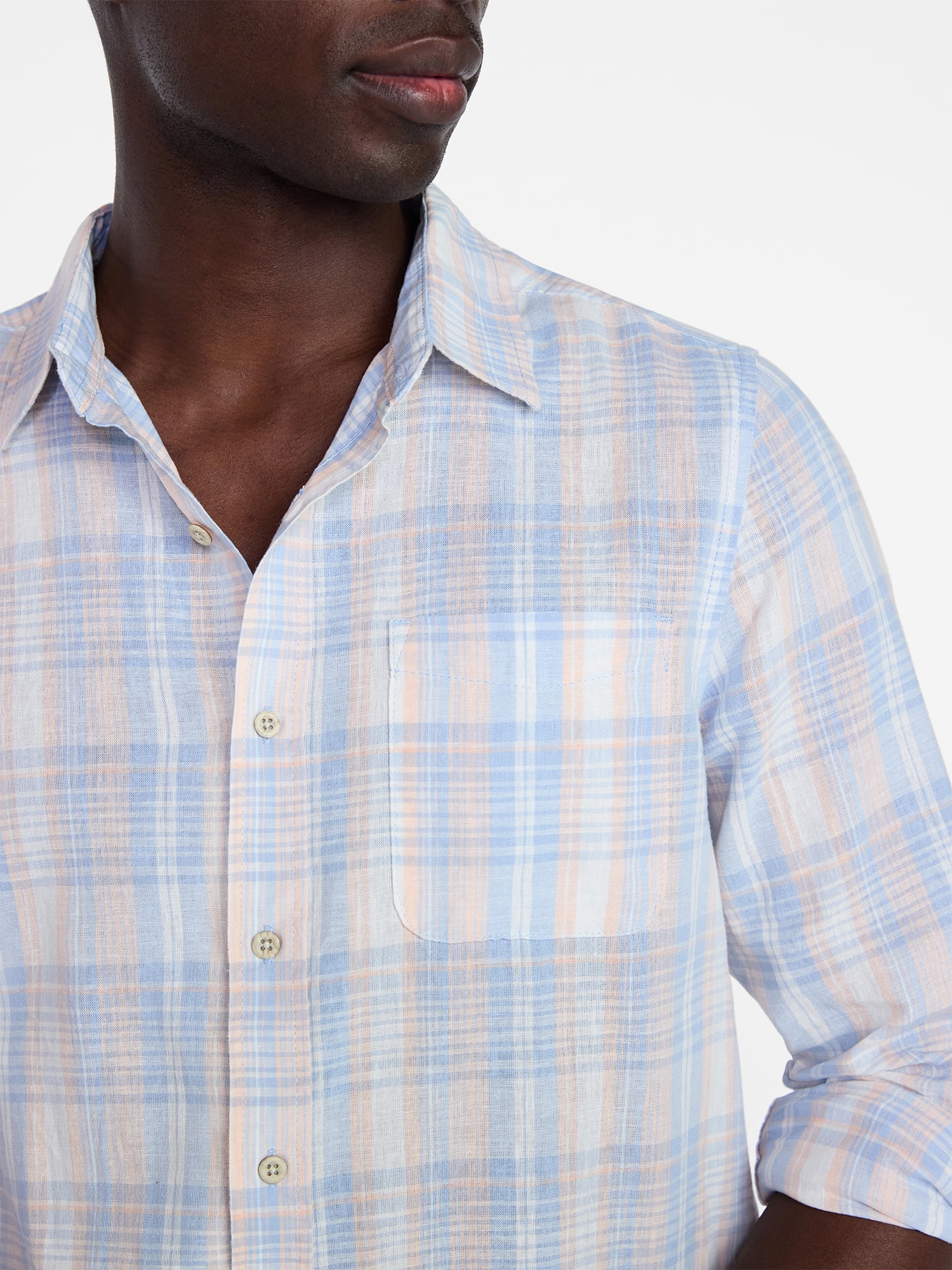 George Men's Linen Blend Long Sleeve Button Up Shirt (Blue, S) pbosy