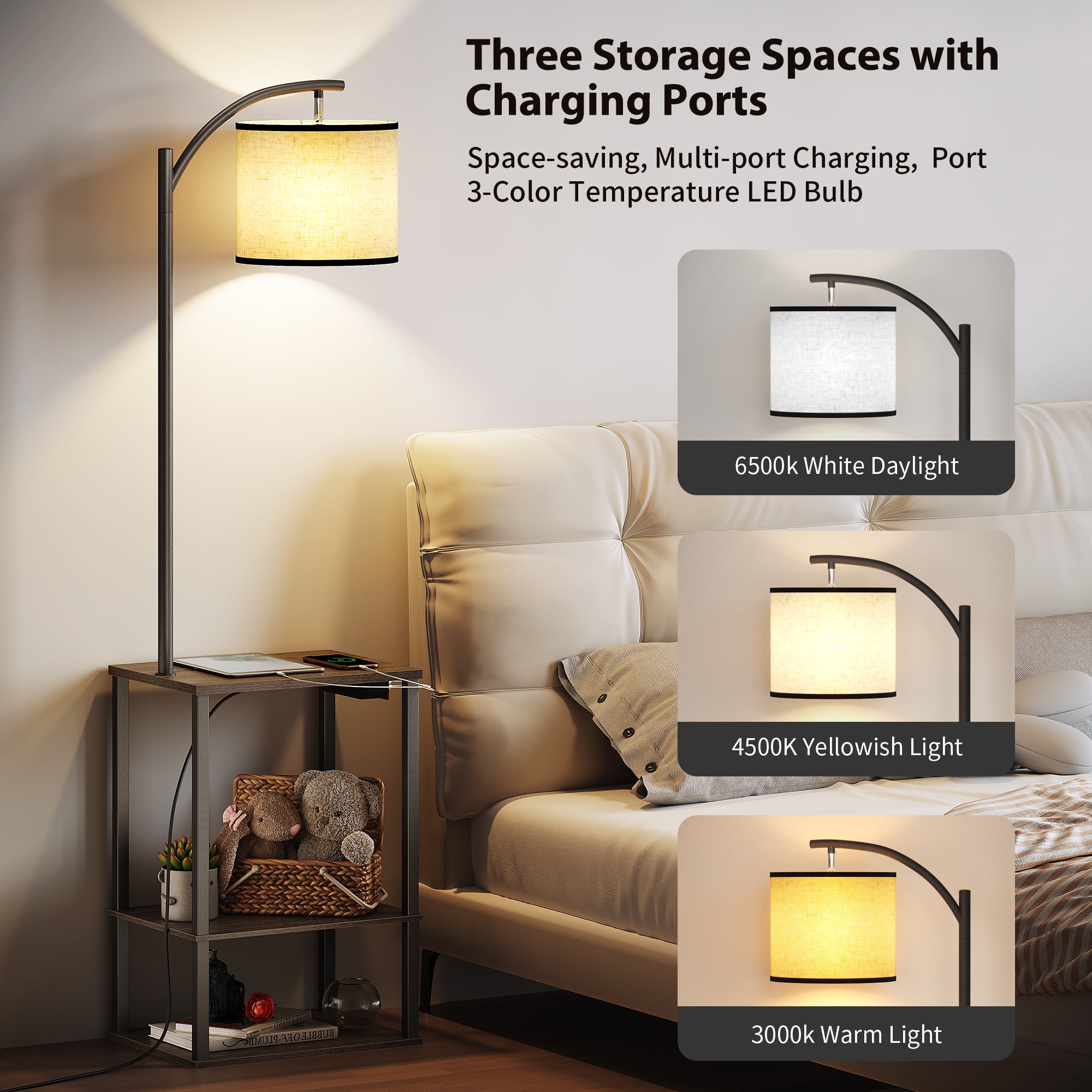 SUNMORY Floor Lamp with Integrated End Table, Charging Station with USB & AC Ports, 3-Color Temperature LED Bulb, Rustic Storage Shelves (Brown, 1 Pack) zd7c1