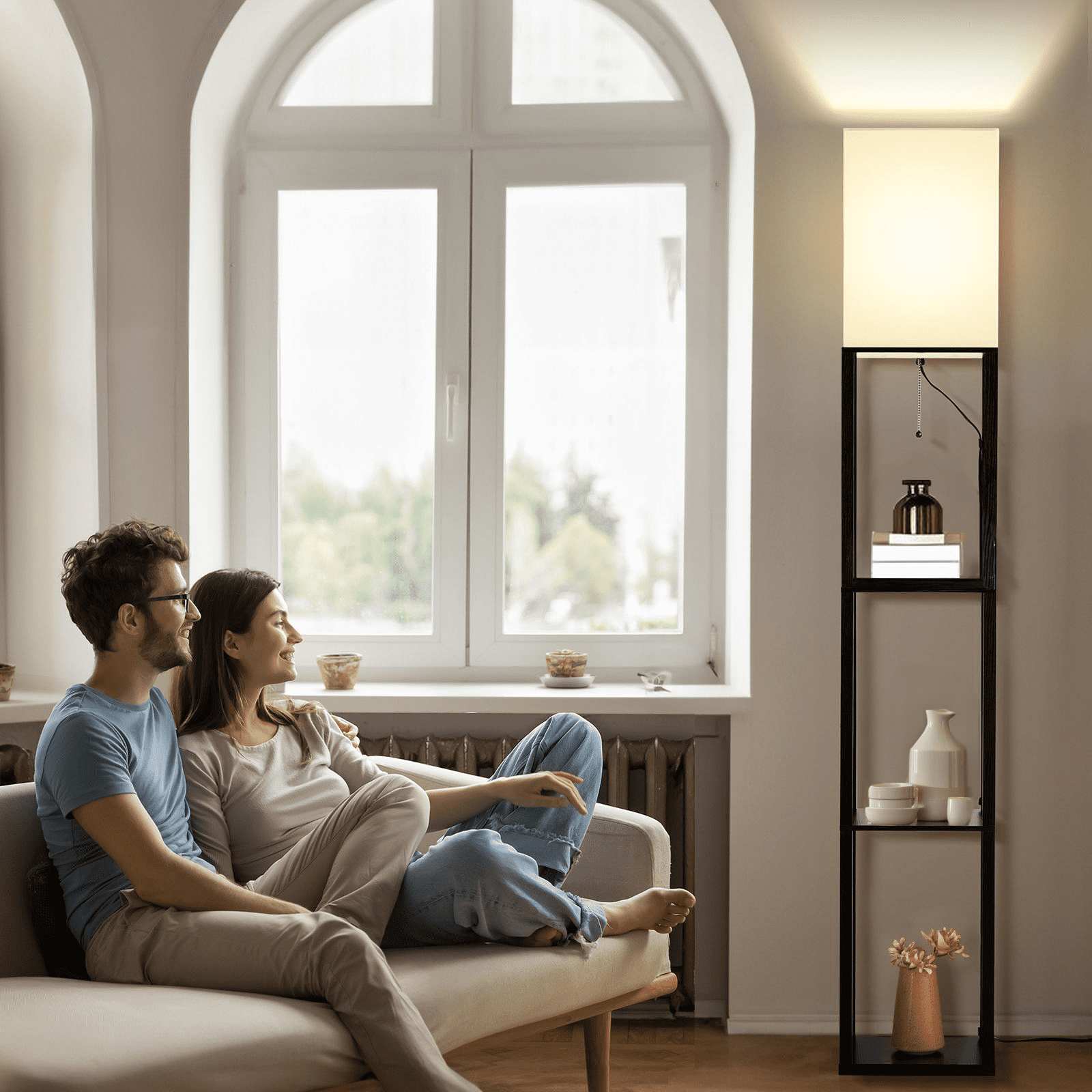 SUNMORY Floor Lamp with Shelves, Standing Lamp for Living Room and Bedroom, Modern Storage Shelf Lamp with LED Bulb (Black, 63 in) uk1io