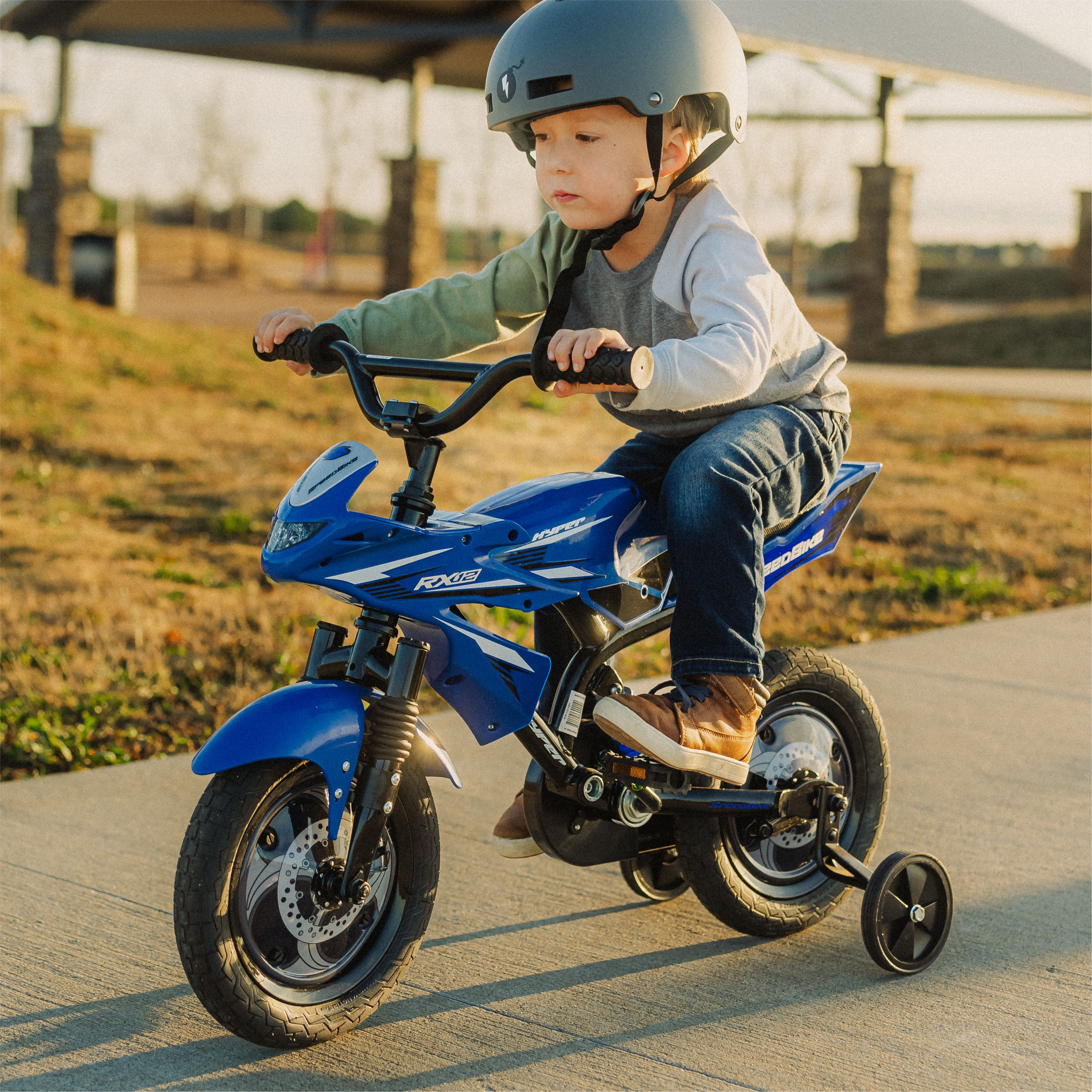 Hyper Bicycles 12 in Speed Bike for Kids, Durable Frame with Training Wheels (Blue, 12 in) tj38x
