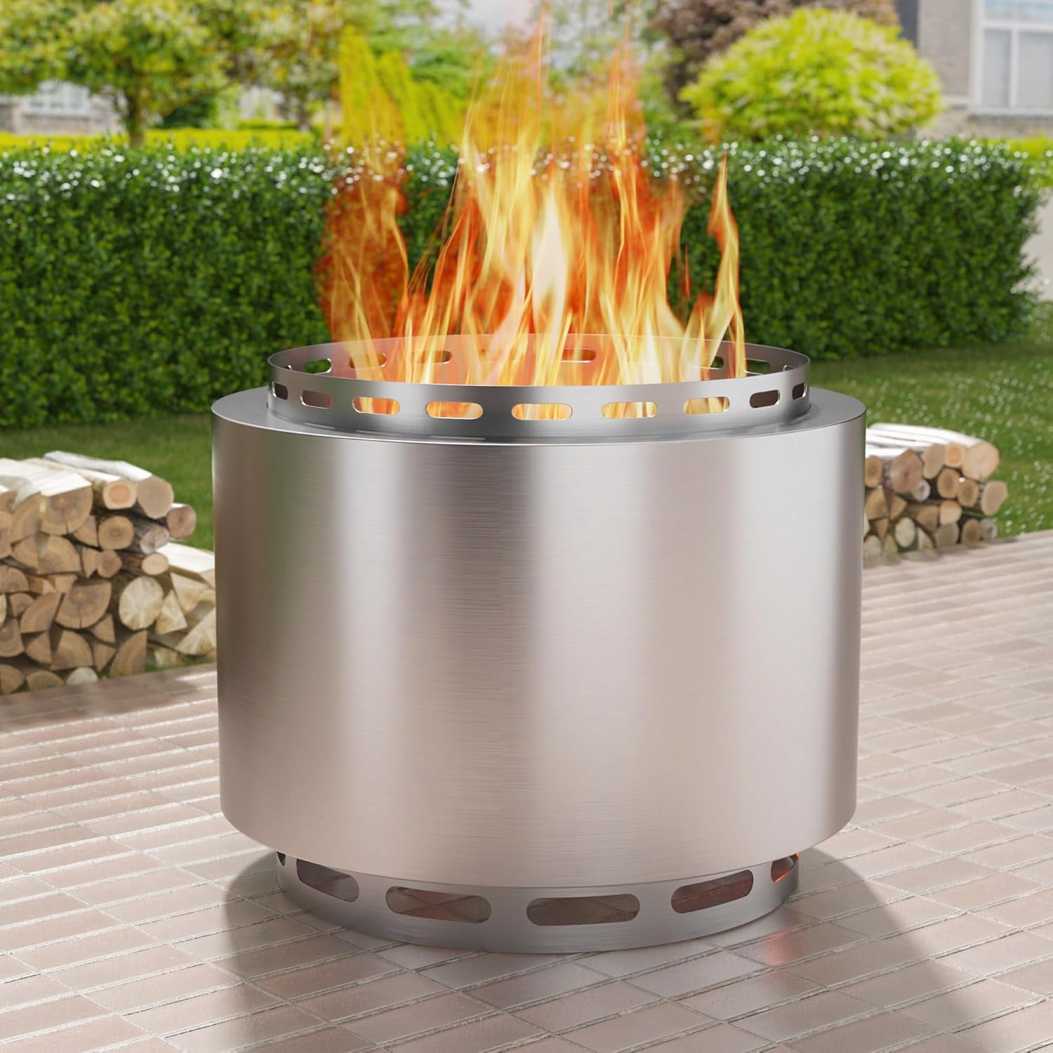 Kullavik 19 Inch Outdoor Smokeless Fire Pit, Portable Stainless Steel Wood Burning Firepit with Weather Resistant Cover (Silver, 19 in) 1csj3