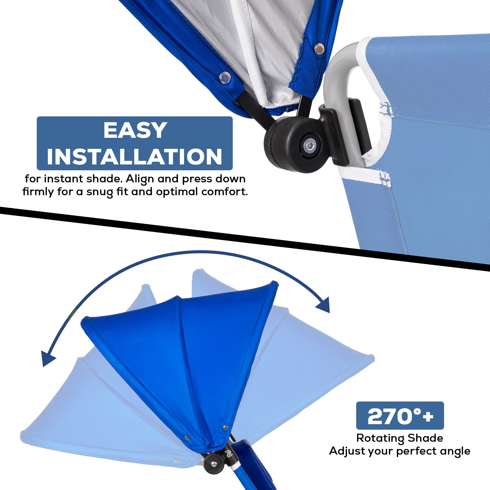 SUNSPIRE Folding Beach Lounge Chair with Canopy, Portable Reclining Sun Lounger with Face Hole and Side Pocket (Blue) e7mk6