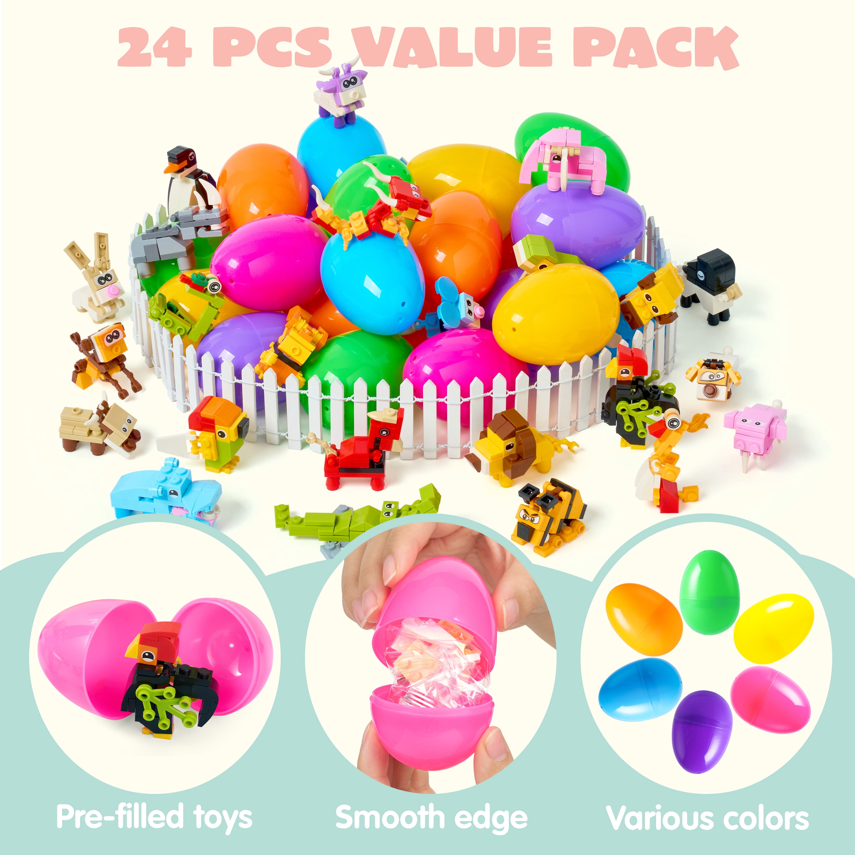 Joyfy Prefilled Easter Eggs with Animal Building Blocks, Educational STEM Toy Set for Kids (24 Pack, 3.23 in) ca78t