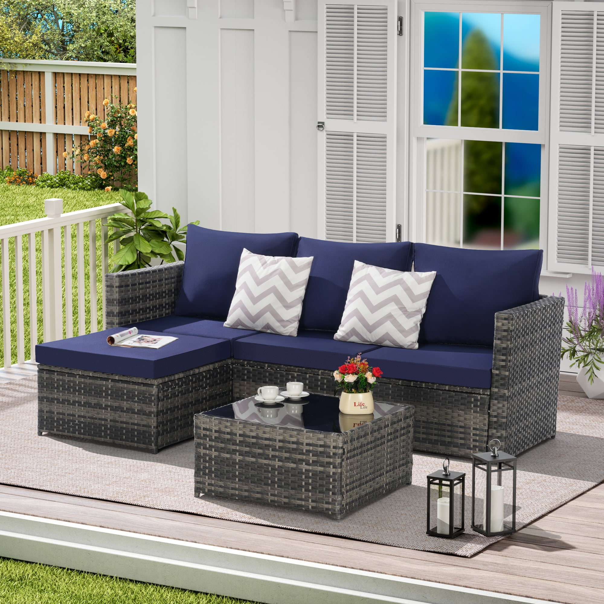 Meiyiu 3-Piece Outdoor Patio Furniture Set, All-Weather Rattan Wicker Conversation Sofa with Cushions, Ottoman, and Glass Table (Blue, 3-Piece Set) pqogq