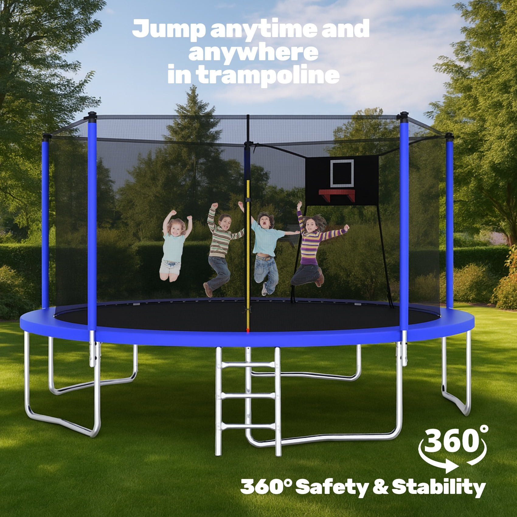 Alvantor 14 ft Round Trampoline with Basketball Hoop and Safety Enclosure Net (Blue, 14 ft) 20elx