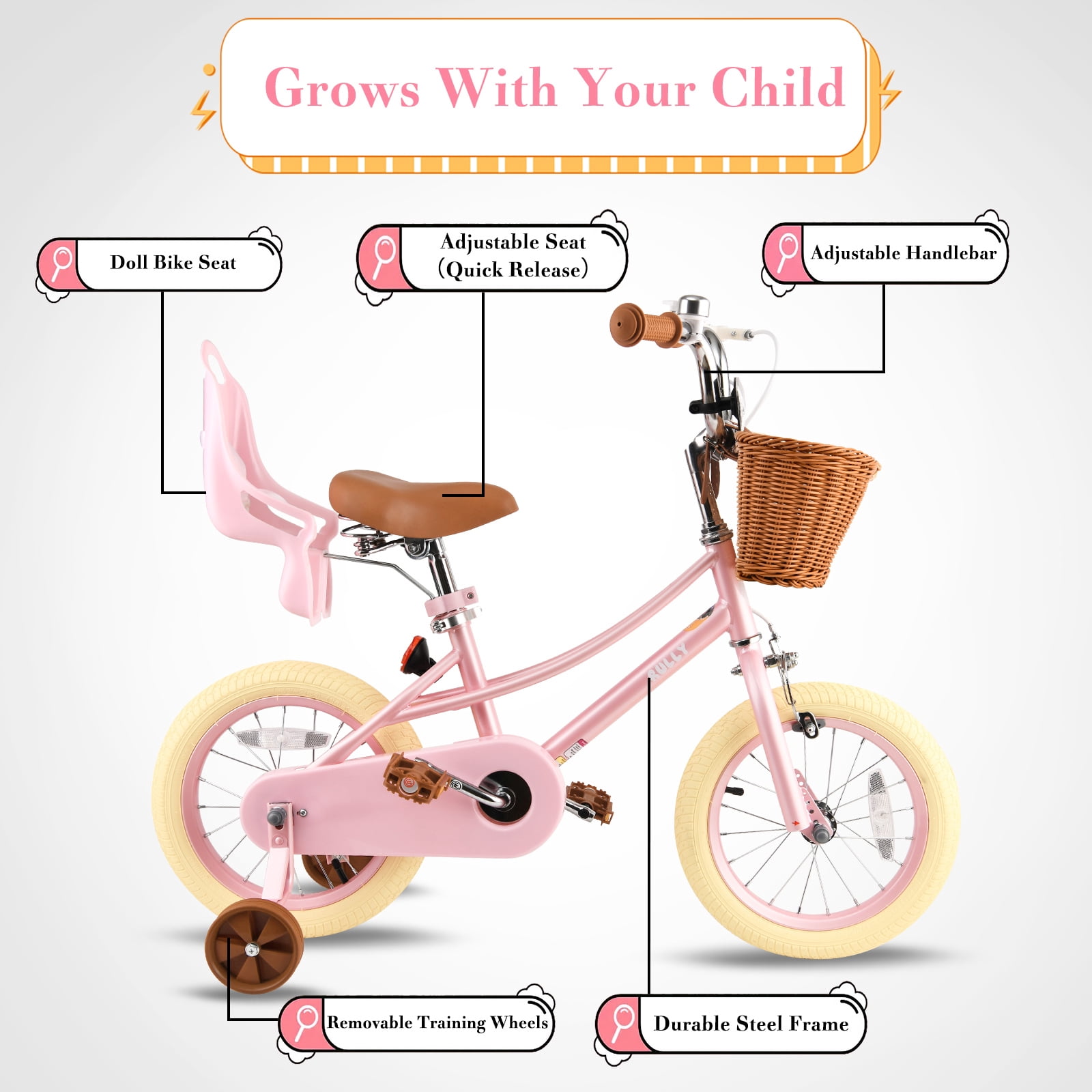 Rully 14 Inch Girls Retro Cruiser Bike with Training Wheels, Basket, and Doll Seat (Pearl Pink, 14 in) 54ffr