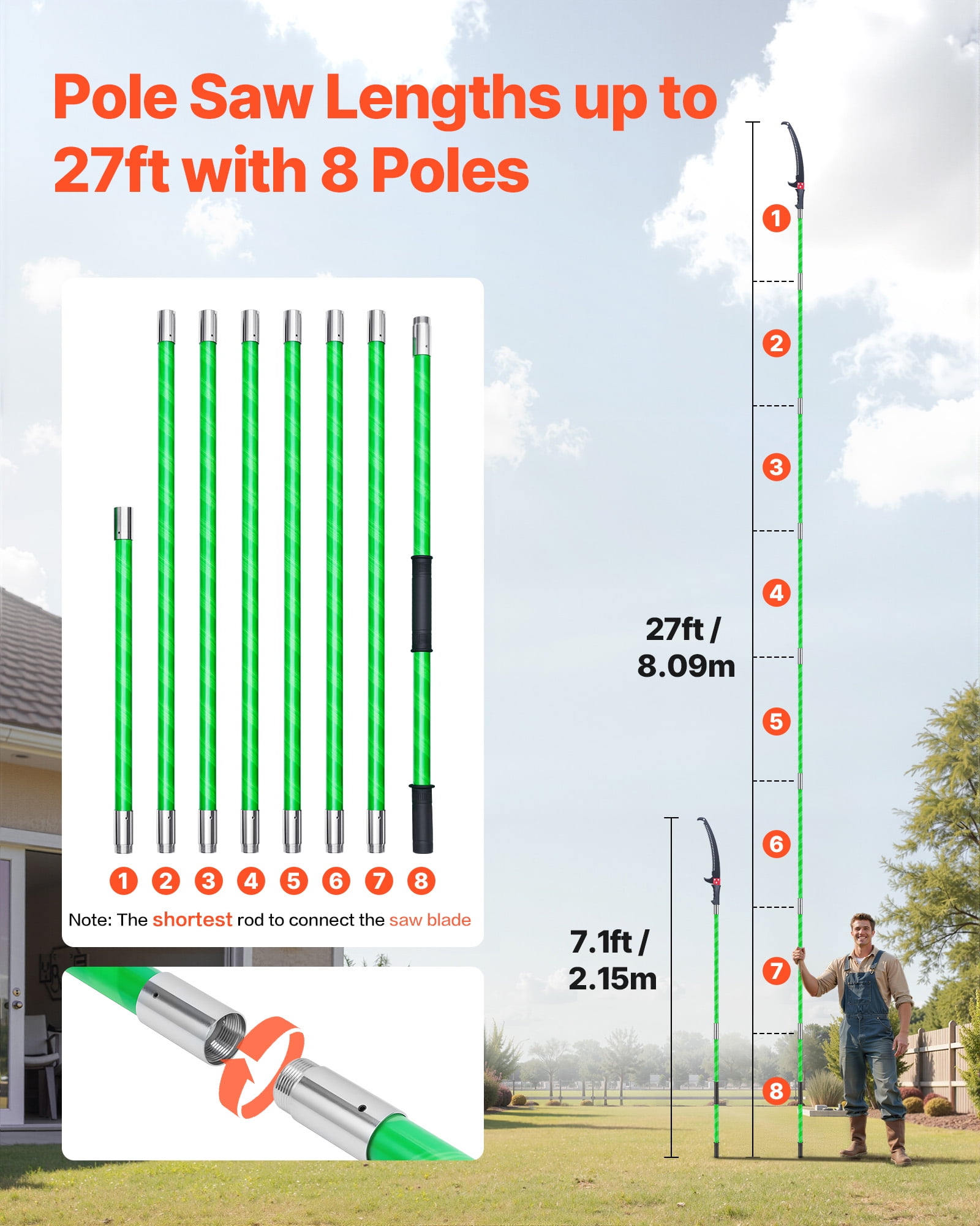 VEVOR Manual Pole Saw, Extendable Tree Pruner with 65Mn Steel Blade, Lightweight Fiberglass Handle for High Branch Trimming (27 ft) tbxjr