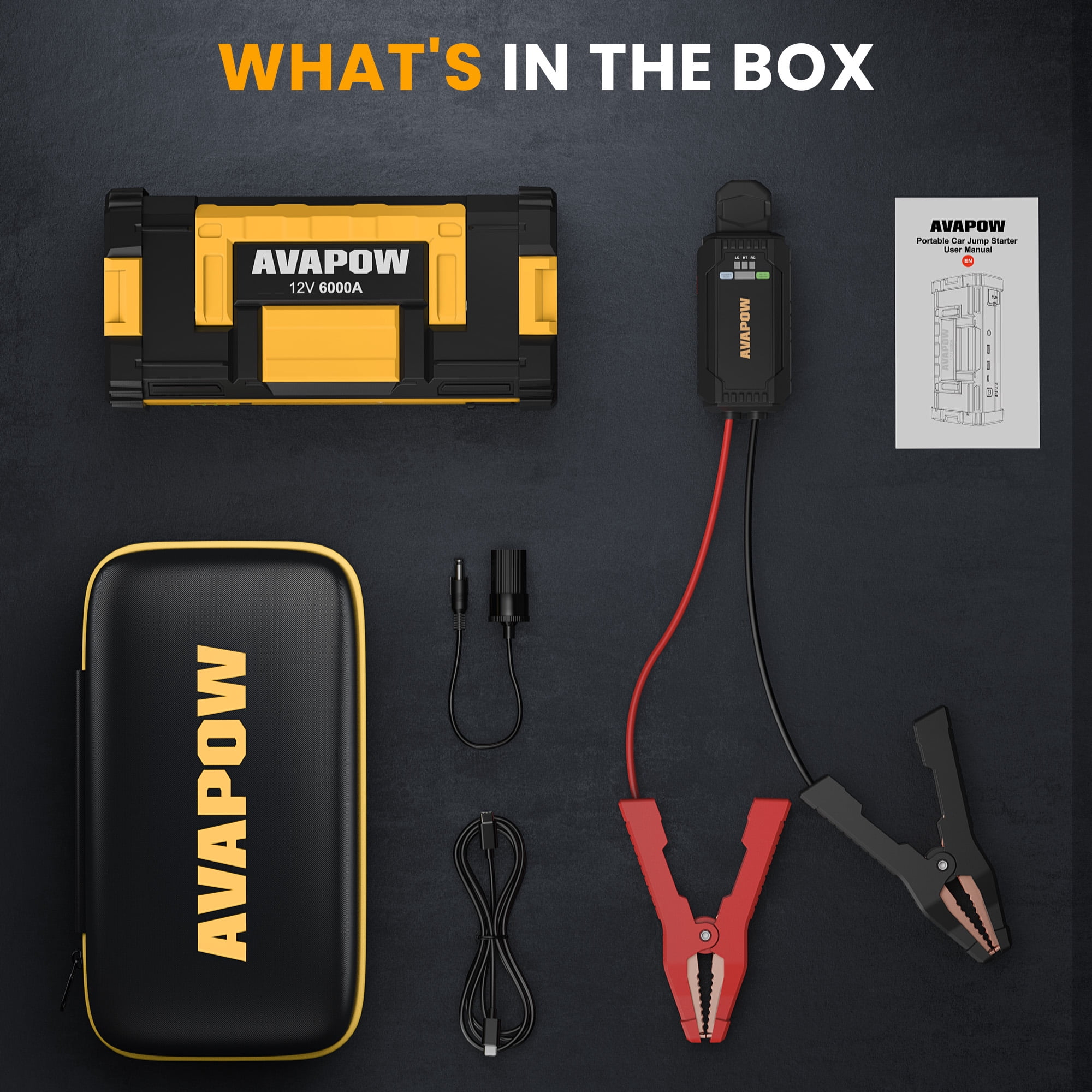 AVAPOW 6000A Portable Car Battery Jump Starter (Heavy-Duty, 32000mAh, LED Light, Yellow) jxqwv