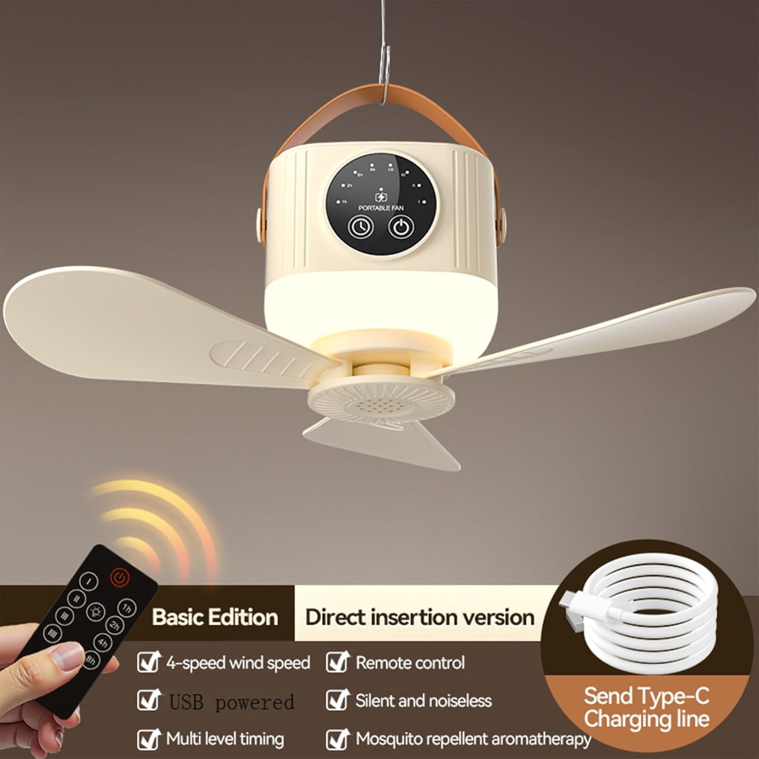 Generic Camping Ceiling Fan, Rechargeable Tent Fan with LED Light and Remote (9.25 x 9.25 x 3.27 in) v6h0r
