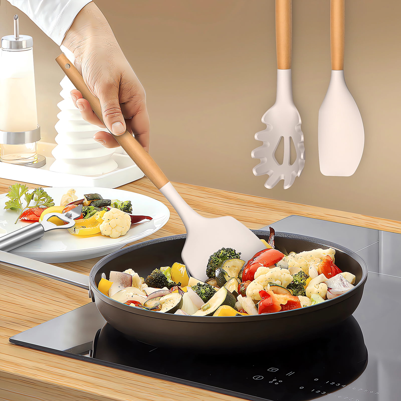 oannao 35-Piece Silicone Cooking Utensil Set, Heat-Resistant Kitchen Spatula Tools with Wooden Handles and Storage Holder (Khaki, 35-Piece) 3gcx6