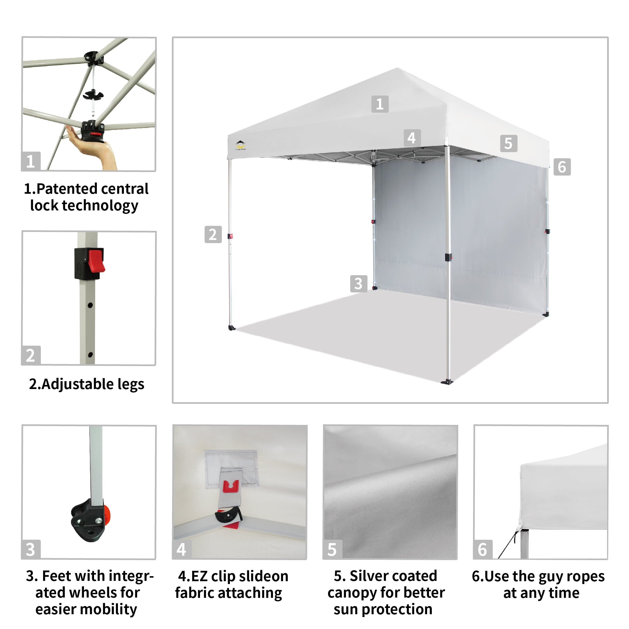 Crown Shades 8x8 Pop Up Canopy Tent with Side Wall, Instant Setup Outdoor Sun Shade (White, 8 ft x 8 ft) bo6ej