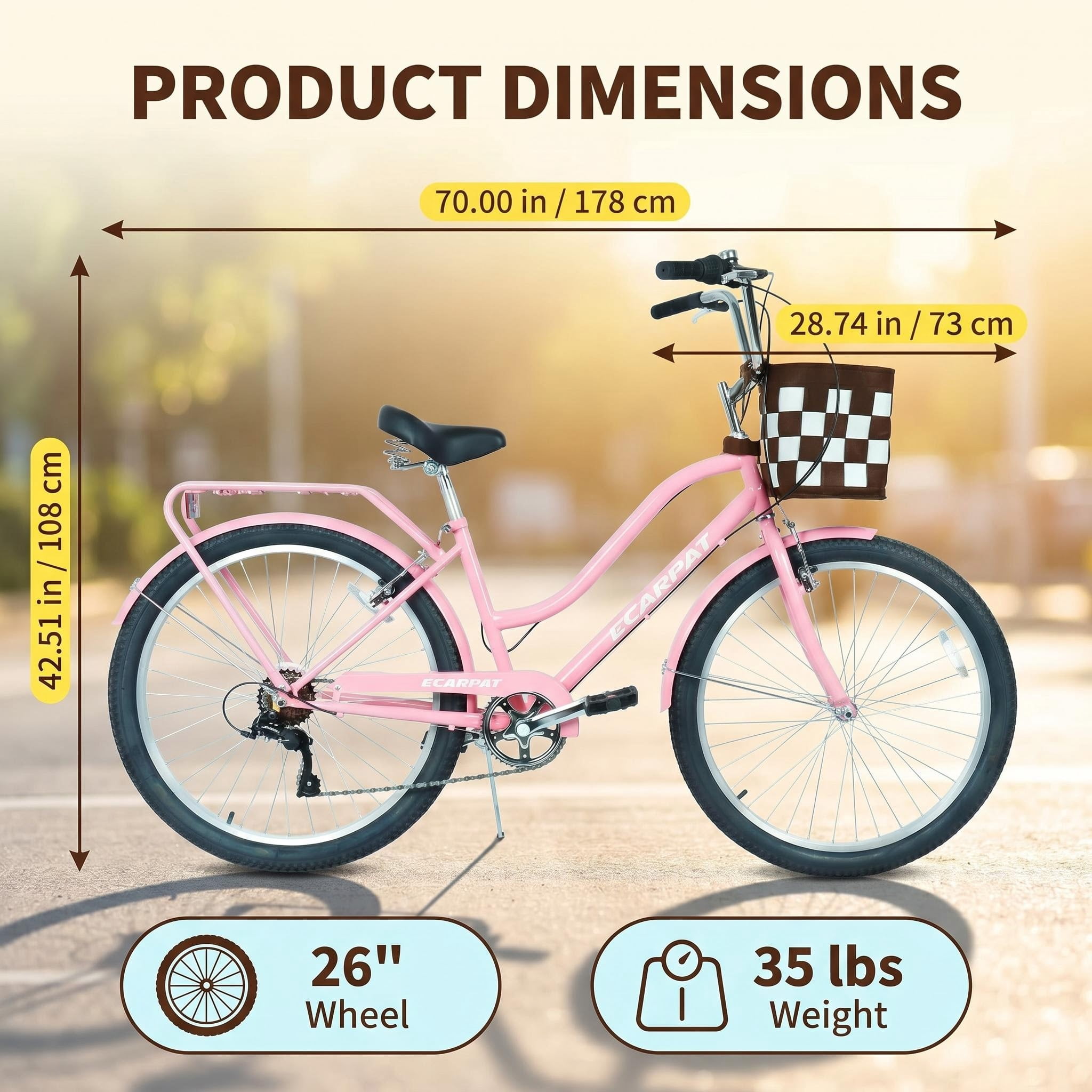 Ambifirner Beach Cruiser Bike, 7-Speed Commuter Bicycle for Adults, High-Carbon Steel Frame with Basket (Blue, 26 in) chtkr