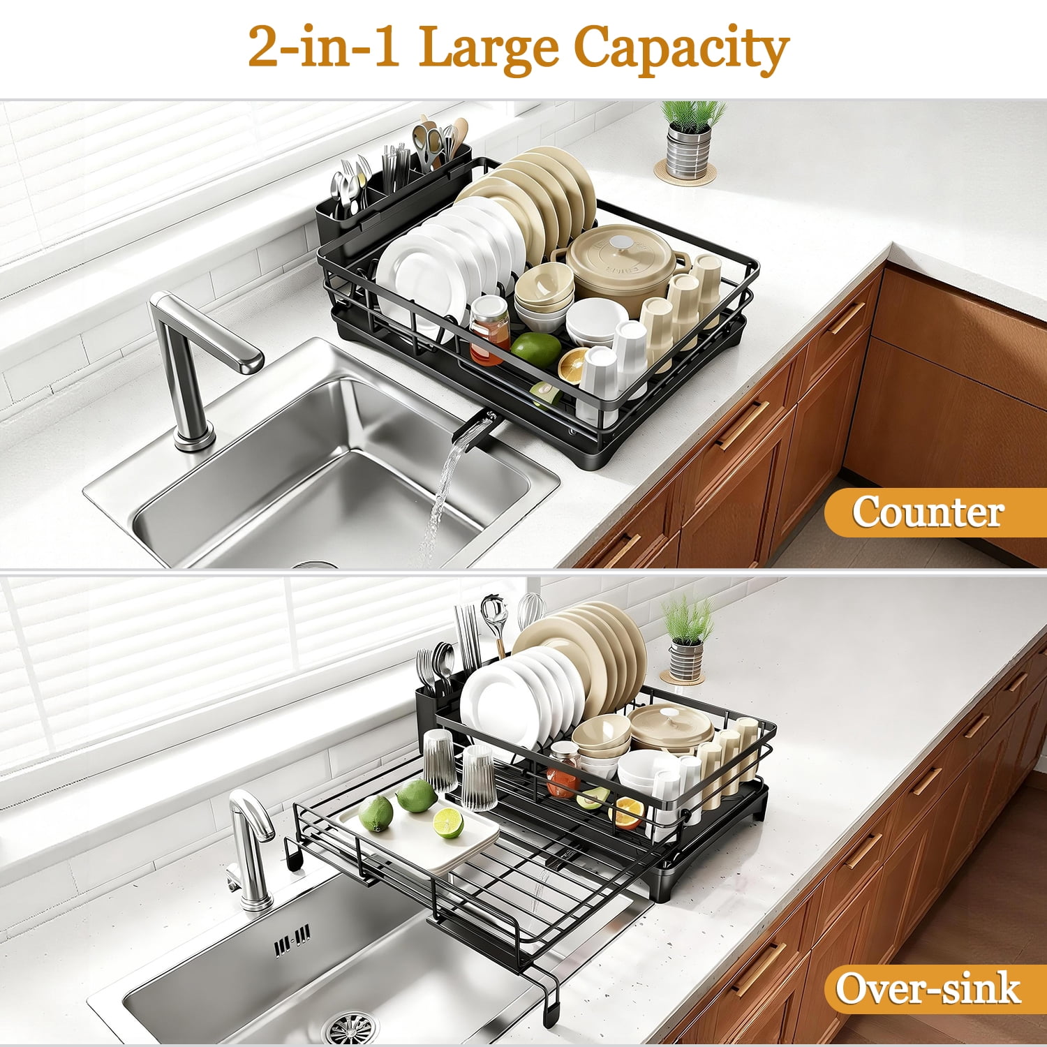 AOKIWO Extendable Dish Drying Rack, Large Capacity Kitchen Counter Drainer with Utensil Holder (Black, 11 in to 21.7 in) gbbk8