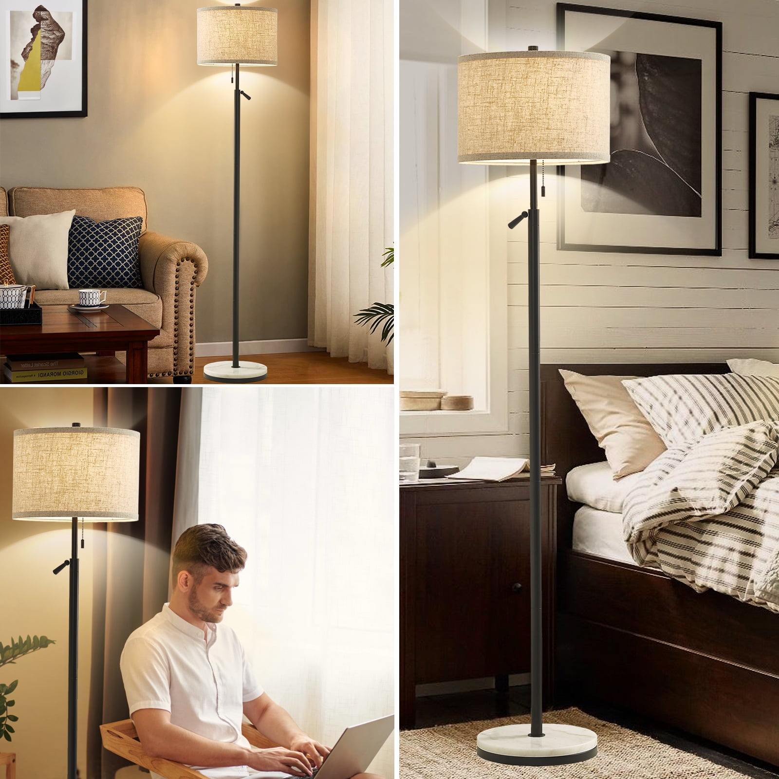 NATYSWAN Modern Marble Floor Lamp, Adjustable Height Standing Lamp with Pull Chain Switch (Black, 64 in) fhr71