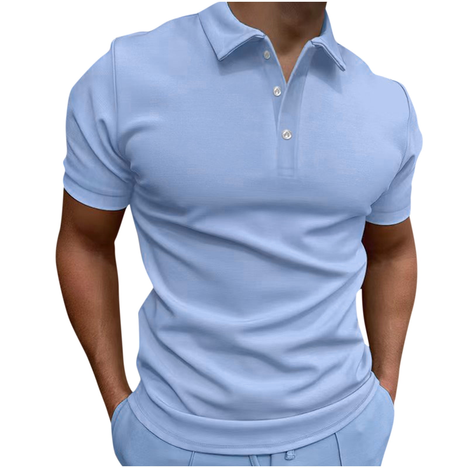 Titcea Mens Short Sleeve Polo Shirt Casual Lapel Button Down Summer Beach Tee (Blue, M) 8ofk4