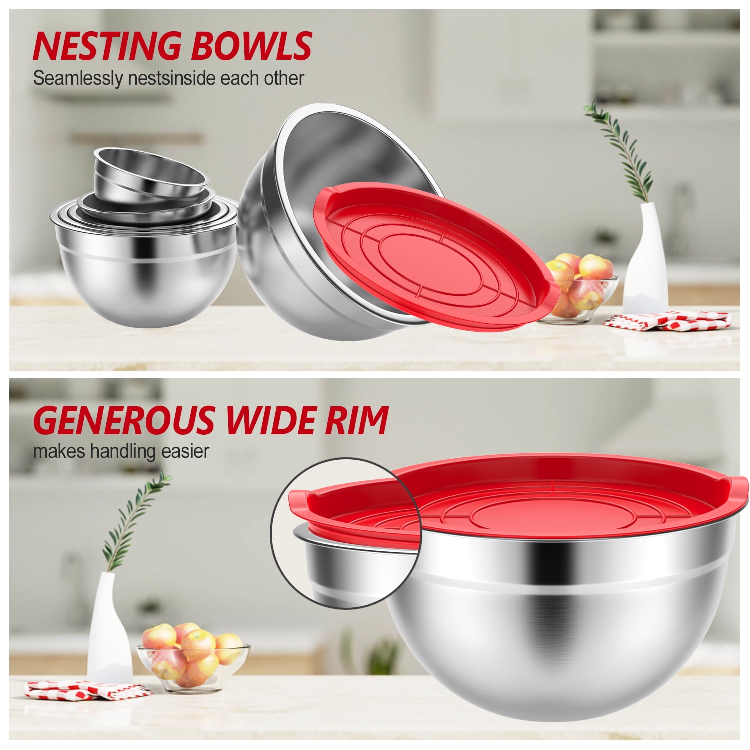 TINANA Stainless Steel Mixing Bowls with Lids, Nesting Kitchen Prep Bowls Set (Multicolor, 6 Pack, 0.75 to 4.5 qt) jzt5v