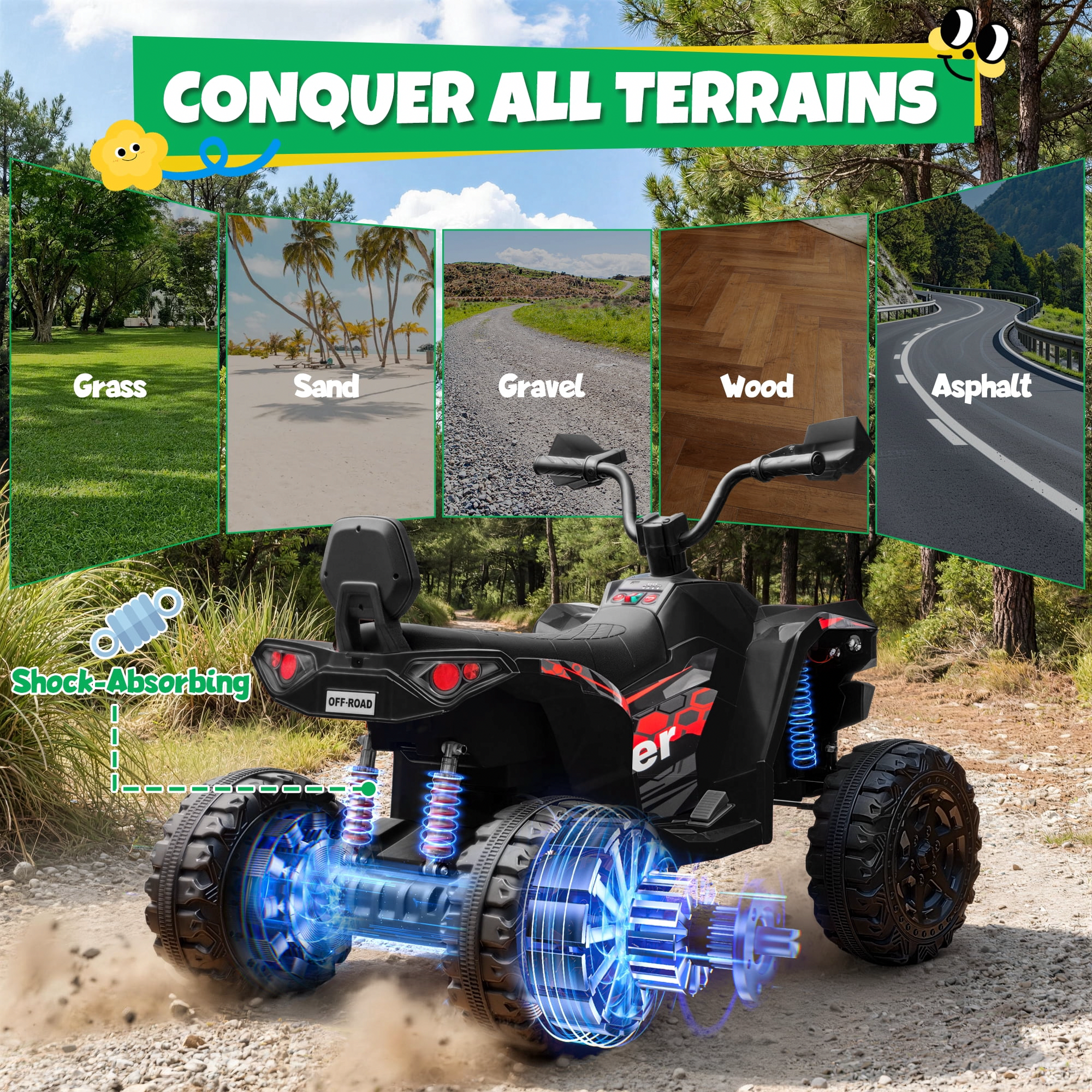 JOYRACER 24V Electric Ride On ATV for Kids, 4WD Quad with LED Lights and Bluetooth (Black, 110 lb Capacity) ae1ad