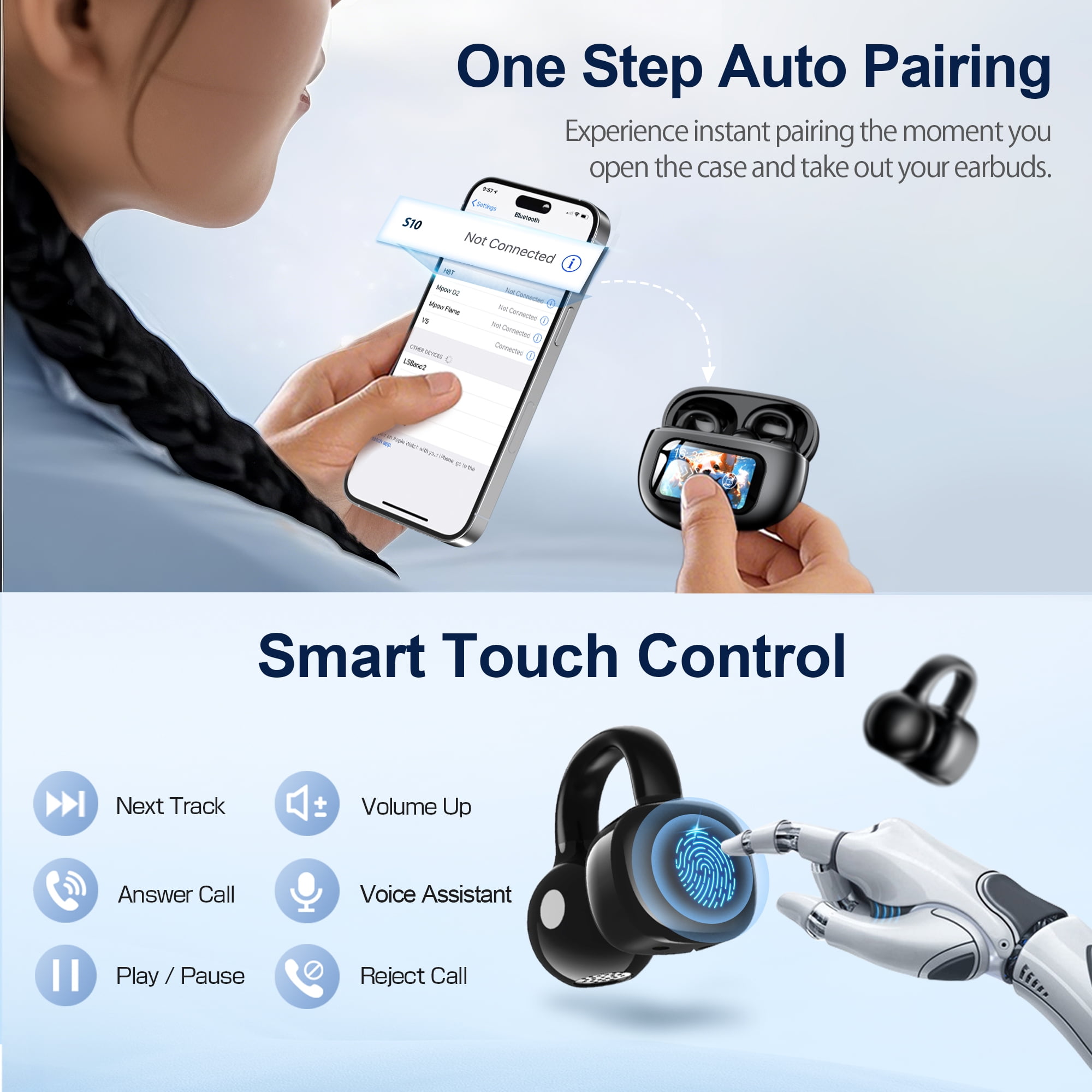 Breezio Open-Ear Wireless Earbuds with Smart Touchscreen Charging Case (Black) kp5sy
