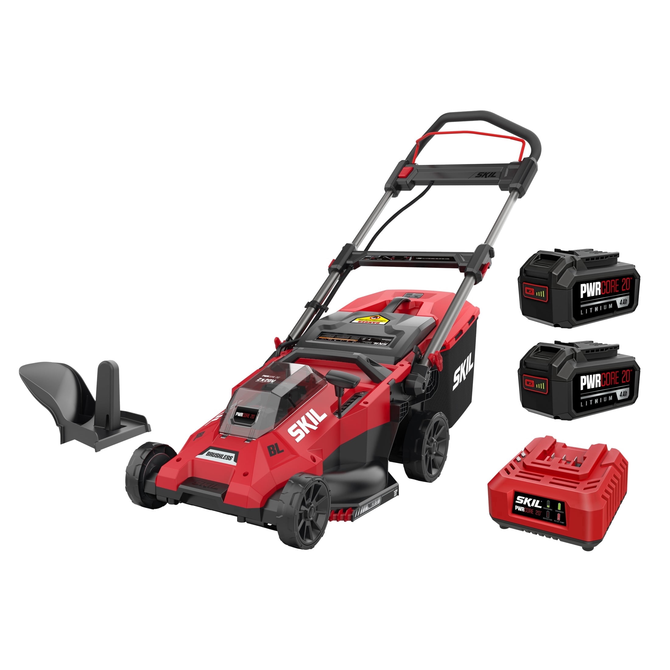 SKIL PWR CORE 20V 18-Inch Cordless Lawn Mower, Brushless Push Mower with (2) 4.0Ah Batteries and Charger (Red, 18 in) clz4y