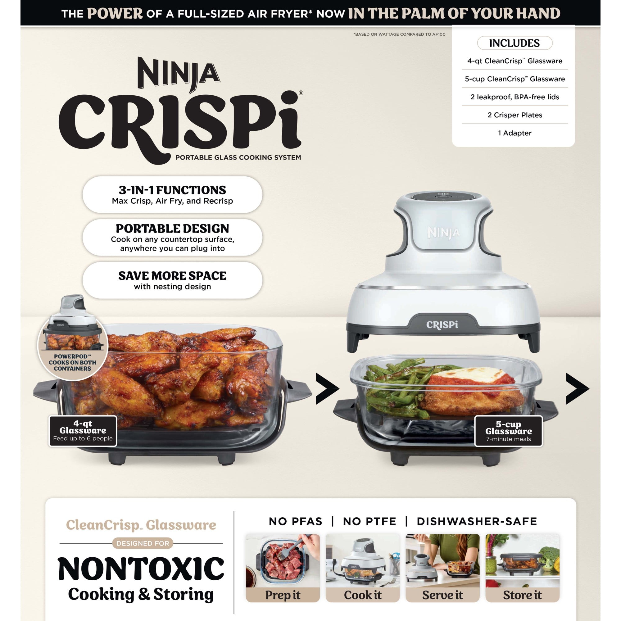 Ninja Crispi Glass Air Fryer 3-in-1 Portable Countertop Oven (White, 4 qt) iggs7