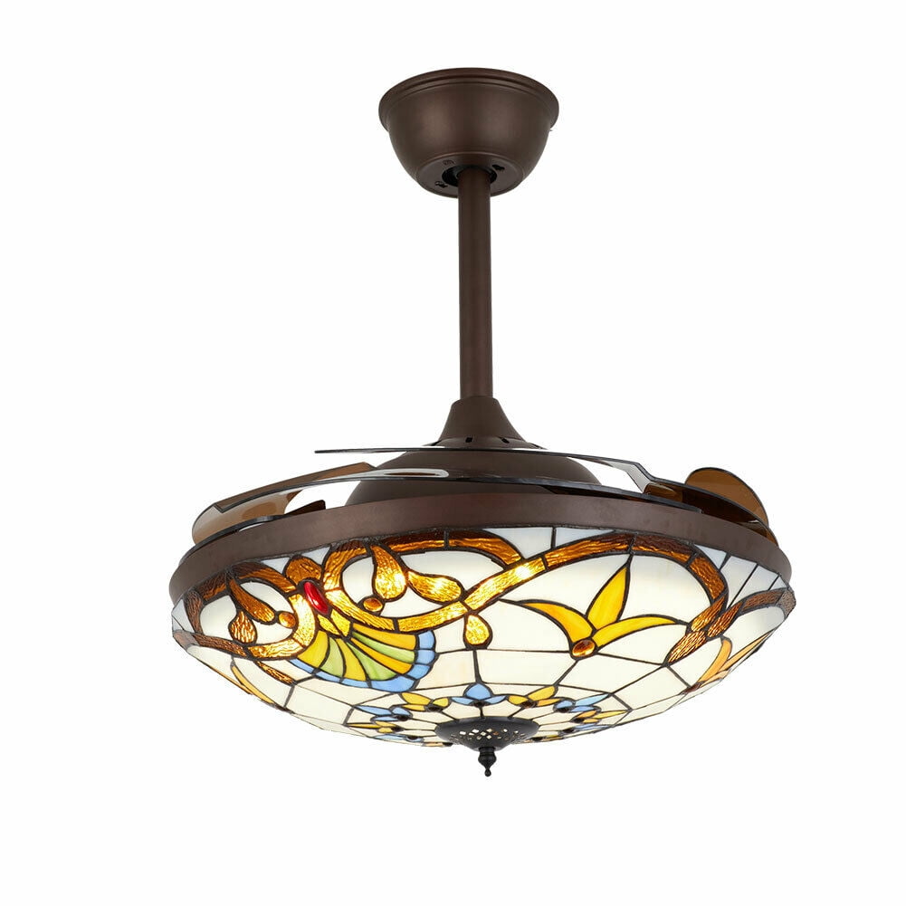 Denest 42 in Tiffany Style LED Retractable Ceiling Fan with Remote Control (3-Speed, 4-Blade) 0zrd0