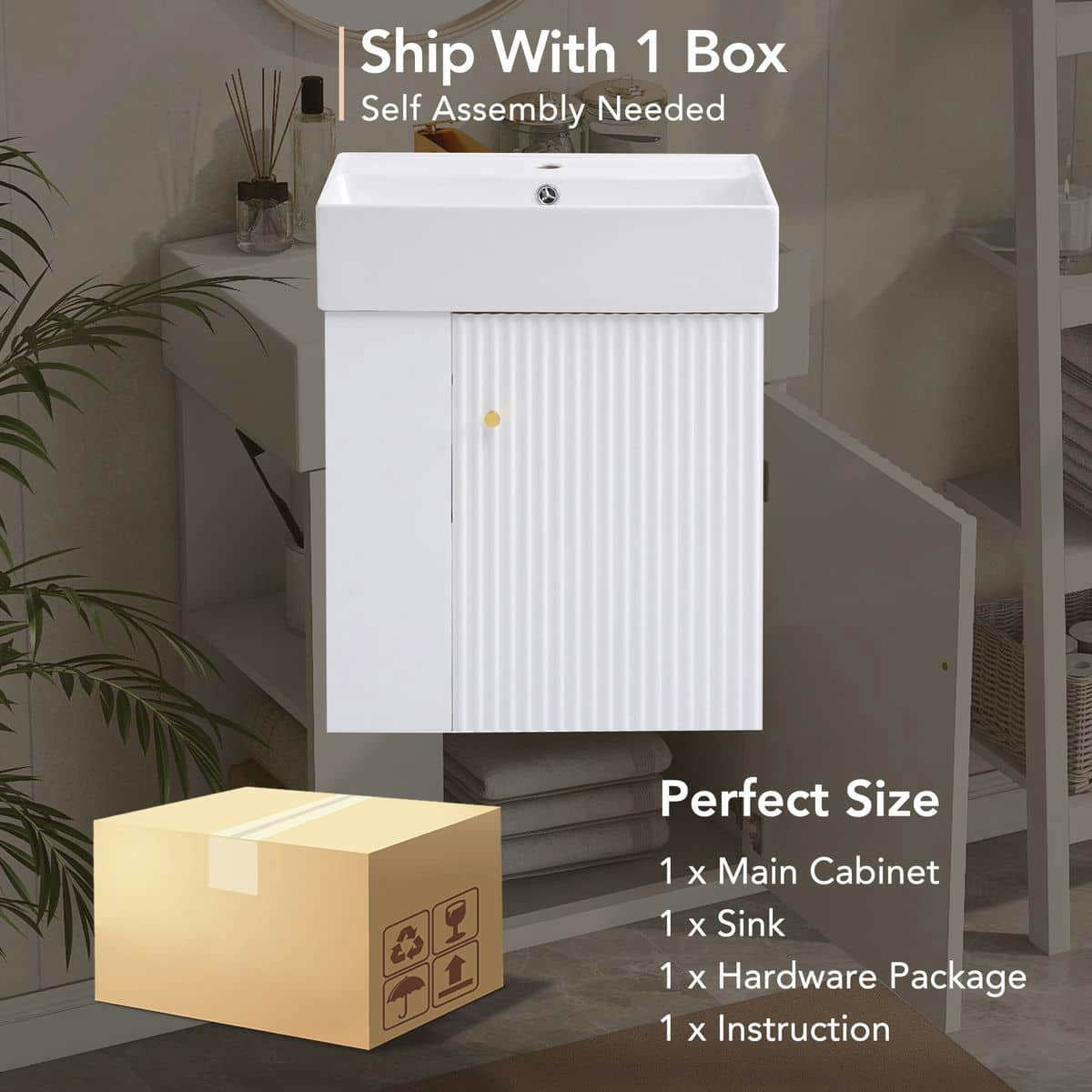 Kadyn Wall-Mount Bathroom Vanity, Modern Floating Vanity with Ceramic Basin and Left Side Storage (White, 21.6 in) 71b1h